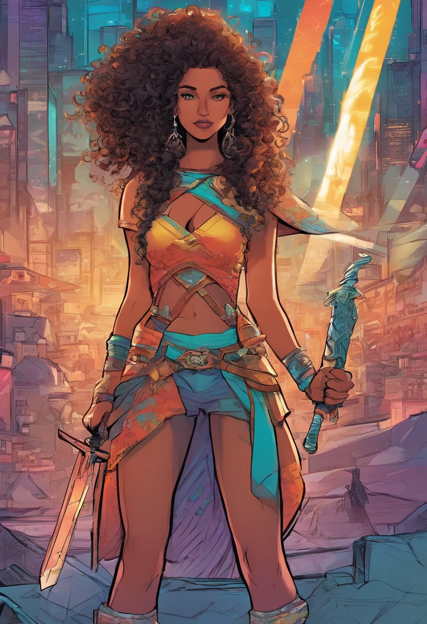 A woman with long, curly hair, wearing a colorful outfit and holding a sword, comic book style, inspired by the artwork of Fiona Staples, on Deviant Art, with a highly detailed resolution, in a futuristic setting illuminated by neon lights.