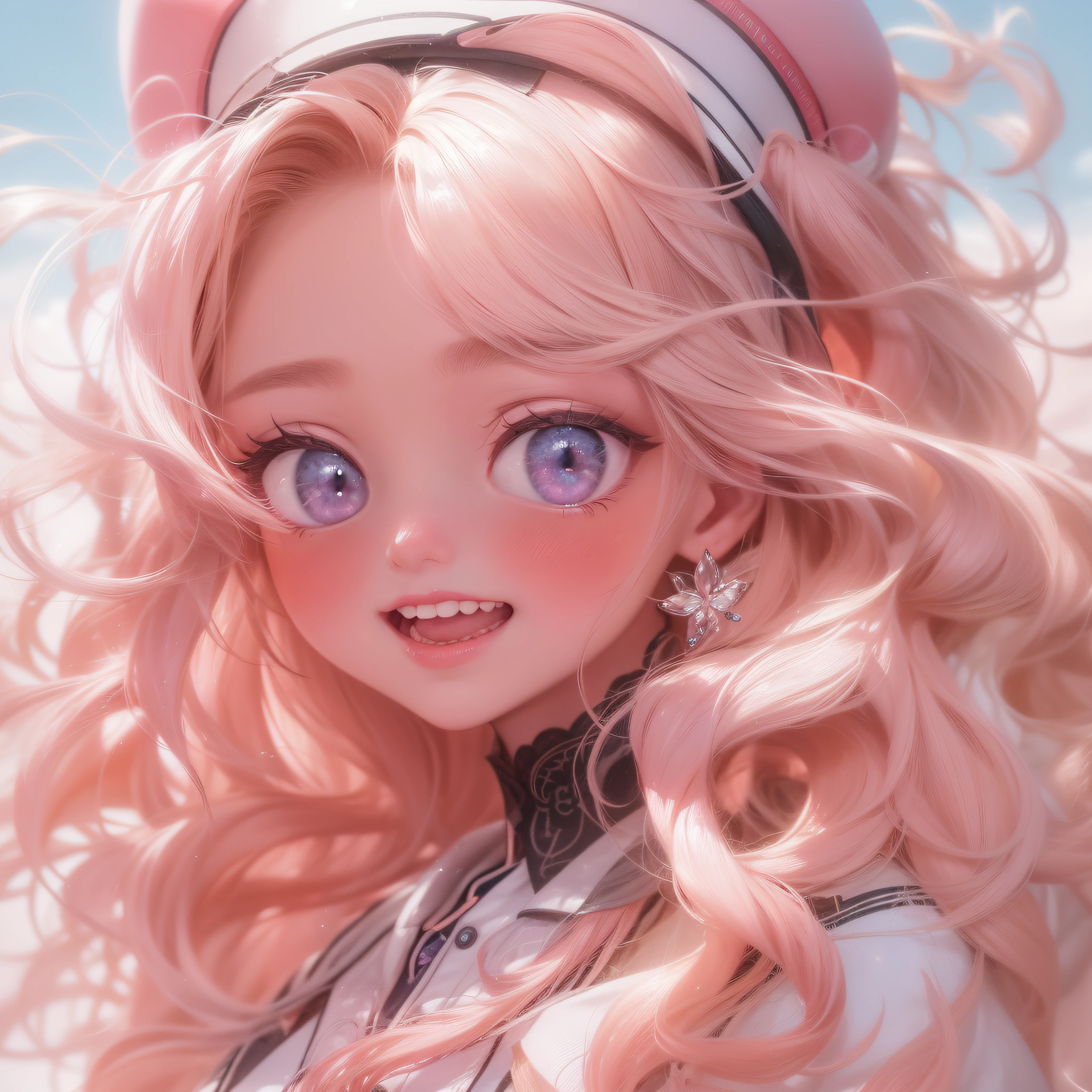 Close up of a smile with the corners of the mouth raised、Smiling Barbie doll、Nurse、Nurse Costume、Cosplay、(realisitic、hight resolution)、(1 girl in)、Nurse、Do-Up Eye、Korean Girl、(Best Quality), (masutepiece), (1girl in), Solo, a beauty girl, Perfect face, Big Breast,dreamlikeart、Highly detailed airbrush art((Surreal))、Volumetric lighting、(top-quality)、The ultra-detailliert、(The composition of the movement:1.4)、Highly detailed colorful details、(Bright lighting)、dynamic compositions、Ray traching、The mirror reflects light、Shallow depth of field、ultra-detailliert、mixing exposure、nffsw、Her eyes are glowing pink、Staring at the pink sea。Her pink face is full of anticipation and courage for a nurse.、A smile appears on the lips of a nurse。 At the rear、The sun is slowly tilting to the west。Its light brings nurse light to the sea surface、The swaying waves create a beautiful scene。Her eyes are clearly glowing pink。Lots of pink