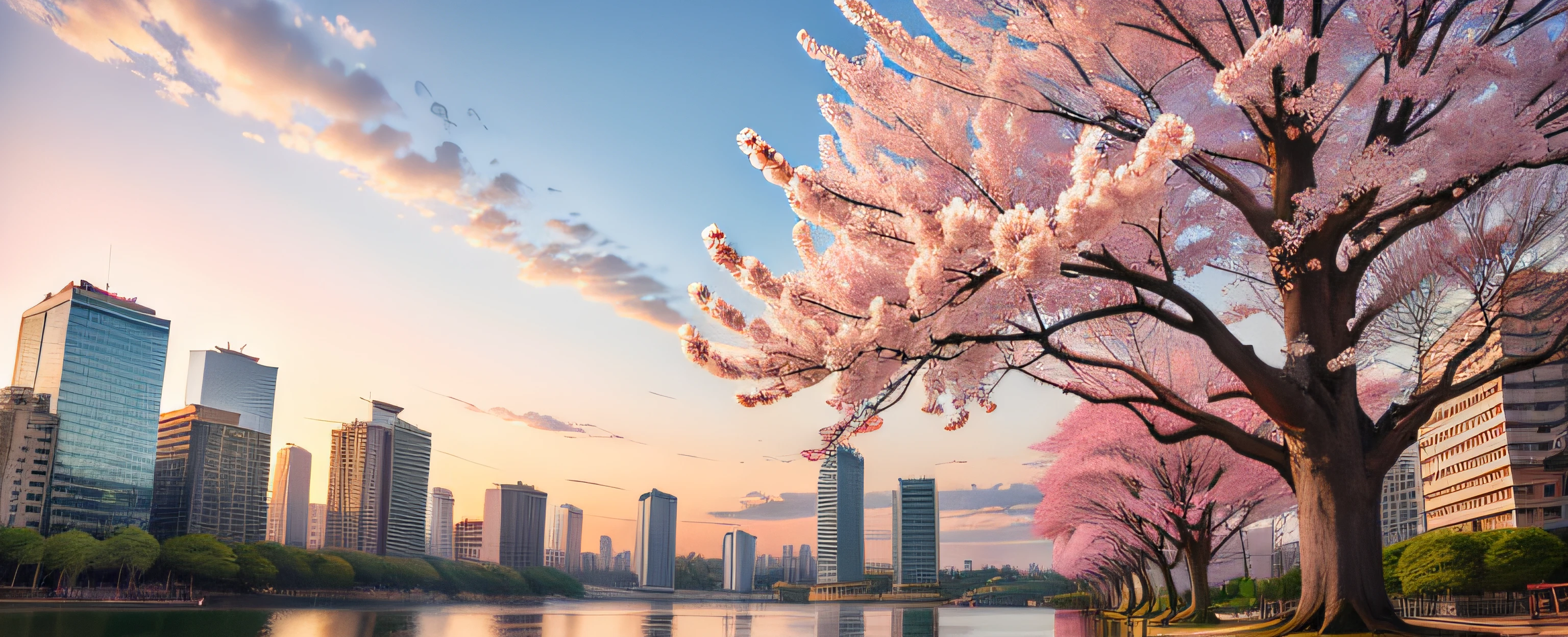 Scenery , Sakura Tree , Skyscrapers , Sakura Leaves Floating , Spring , Wind , Cloud , Sky , Evening