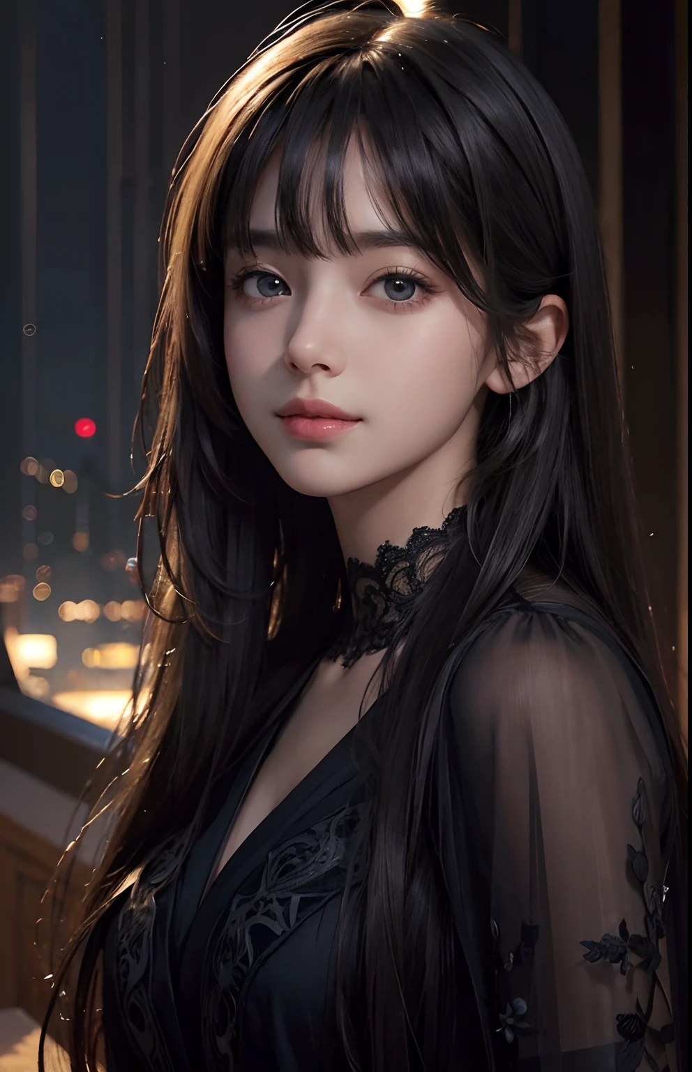 (Ultra Realistic), (Illustration), (Increased Resolution), (8K), (Extremely Detailed), (Best Illustration), (Beautiful and Detailed Eyes), (Best Quality), (Ultra Detailed), (Masterpiece ), ( wallpaper), (detailed face), solo, 1 girl, looking at viewer, fine details, detailed face, in the dark, deep shadows, low key, pureerosfaceace_v1, smiling, long hair, black shawl straight hair , 46 points oblique bangs