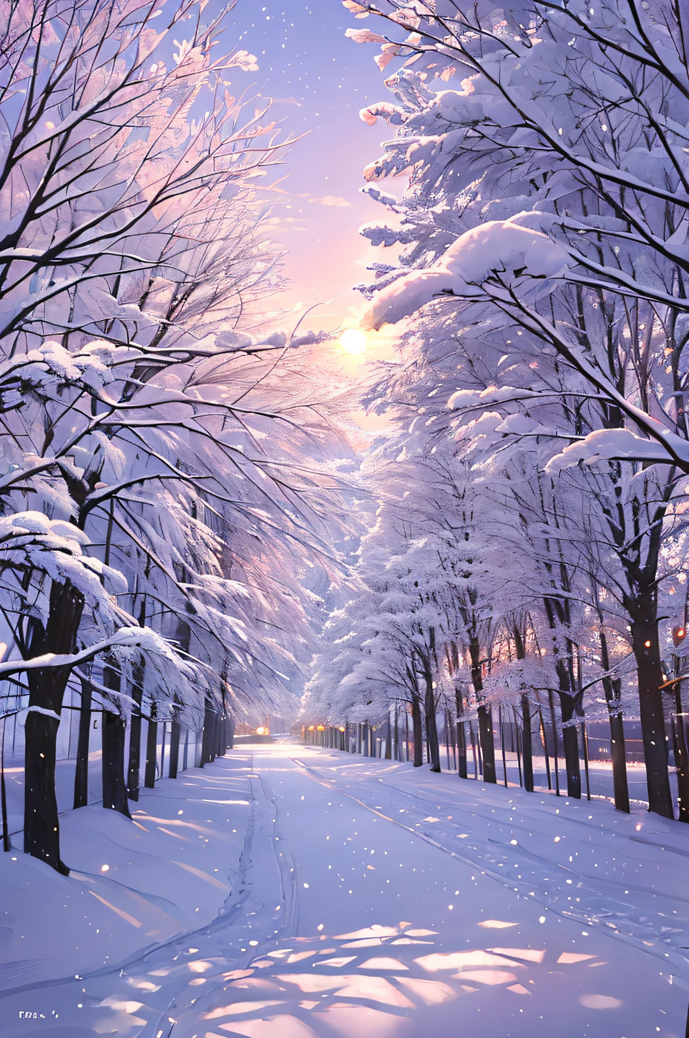 Beautiful natural landscape of city park in winter with fluffy deciduous trees covered with hoarfrost and snow caps at sunset in lilac and pink tones