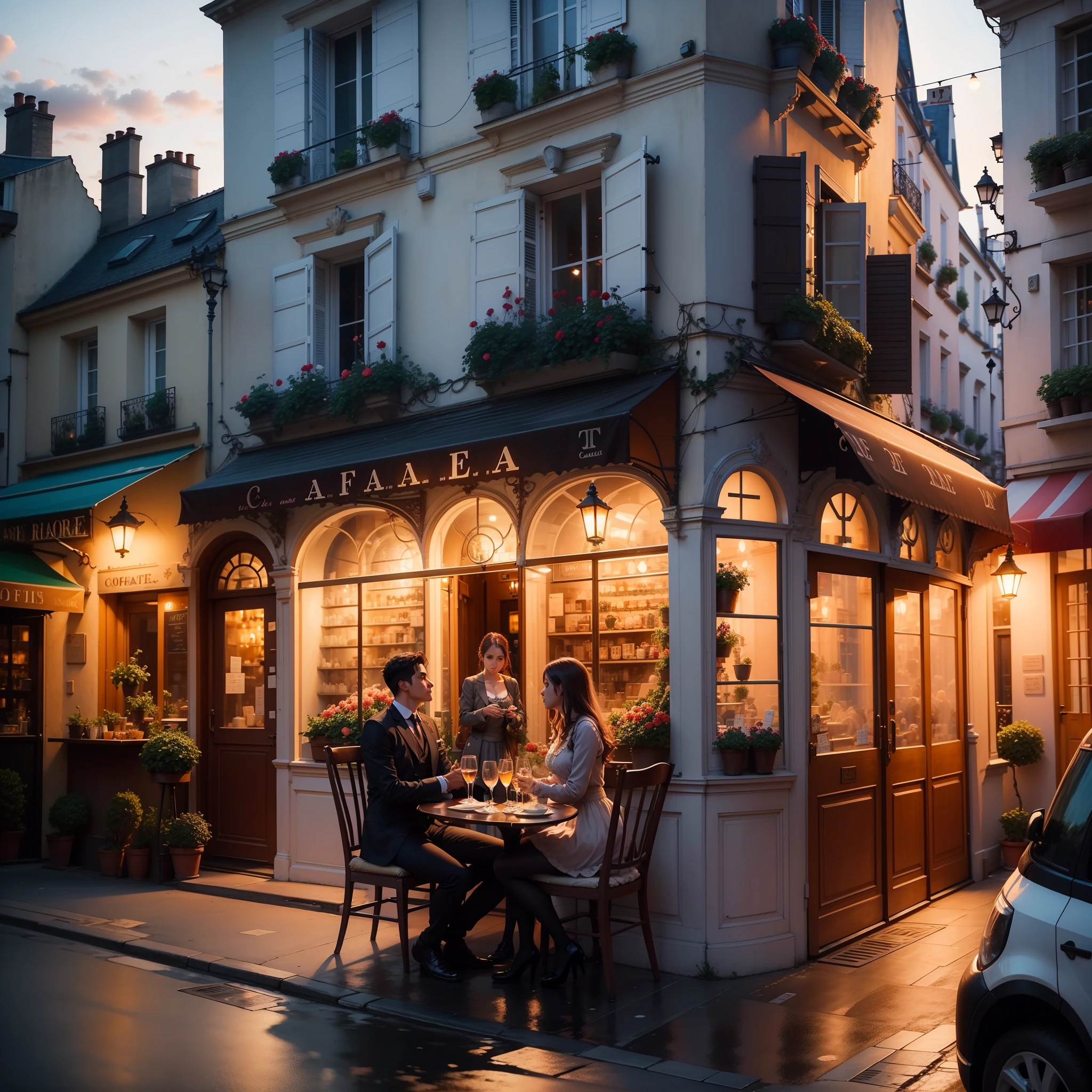 romantic cafe in paris with the flowery facade at dusk