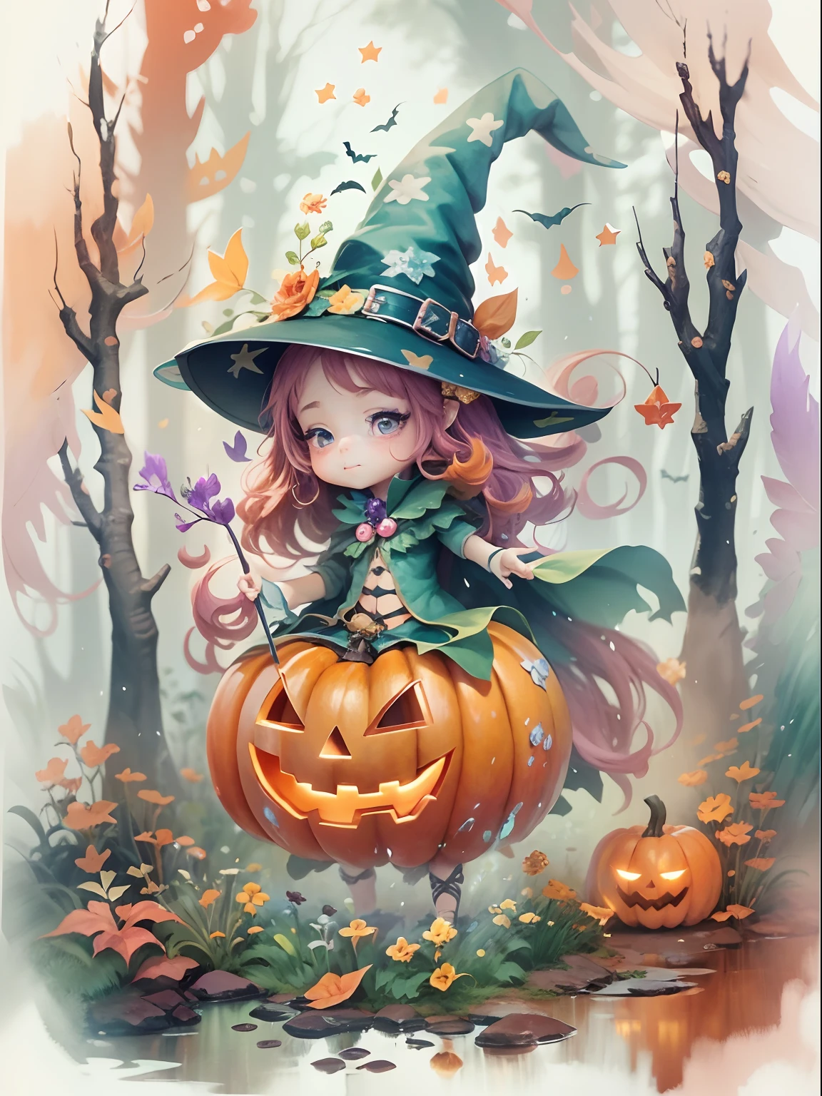 A whimsical Halloween witch, dressed in vibrant and playful attire, standing in a magical forest filled with colorful splashes of enchantment. Cartoon style with a watercolor effect, 2D, and a white background. Perfect for a character design or fantasy-themed T-shirt design. Resolution: 8K.  -imagine - --auto --s2