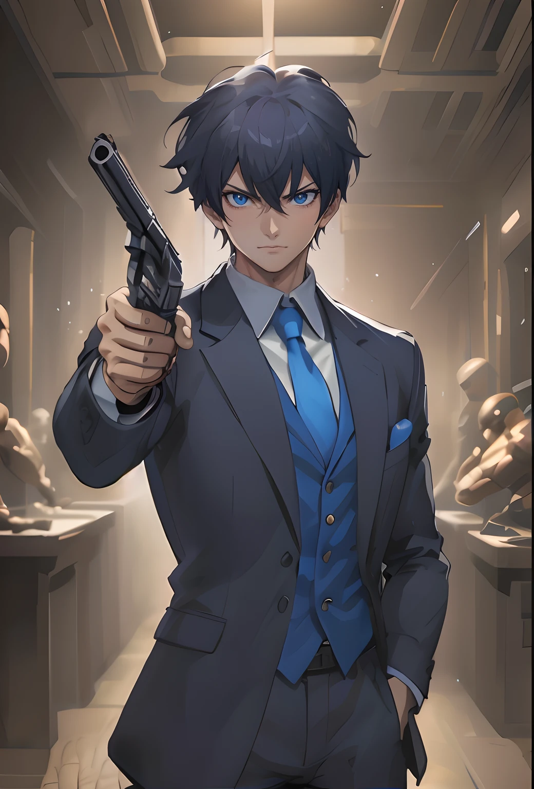 anime character holding a gun in a room with a busturine behind him, Gatilho Estilo de Arte de Anime, cara de anime alto com olhos azuis, badass anime 8 k, inspirado em Okumura Masanobu, pose de anime bonito, gama murata e artgerm, anime moe artstyle, arte chave detalhada do anime, arte oficial do personagem, arte detalhada do personagem de anime