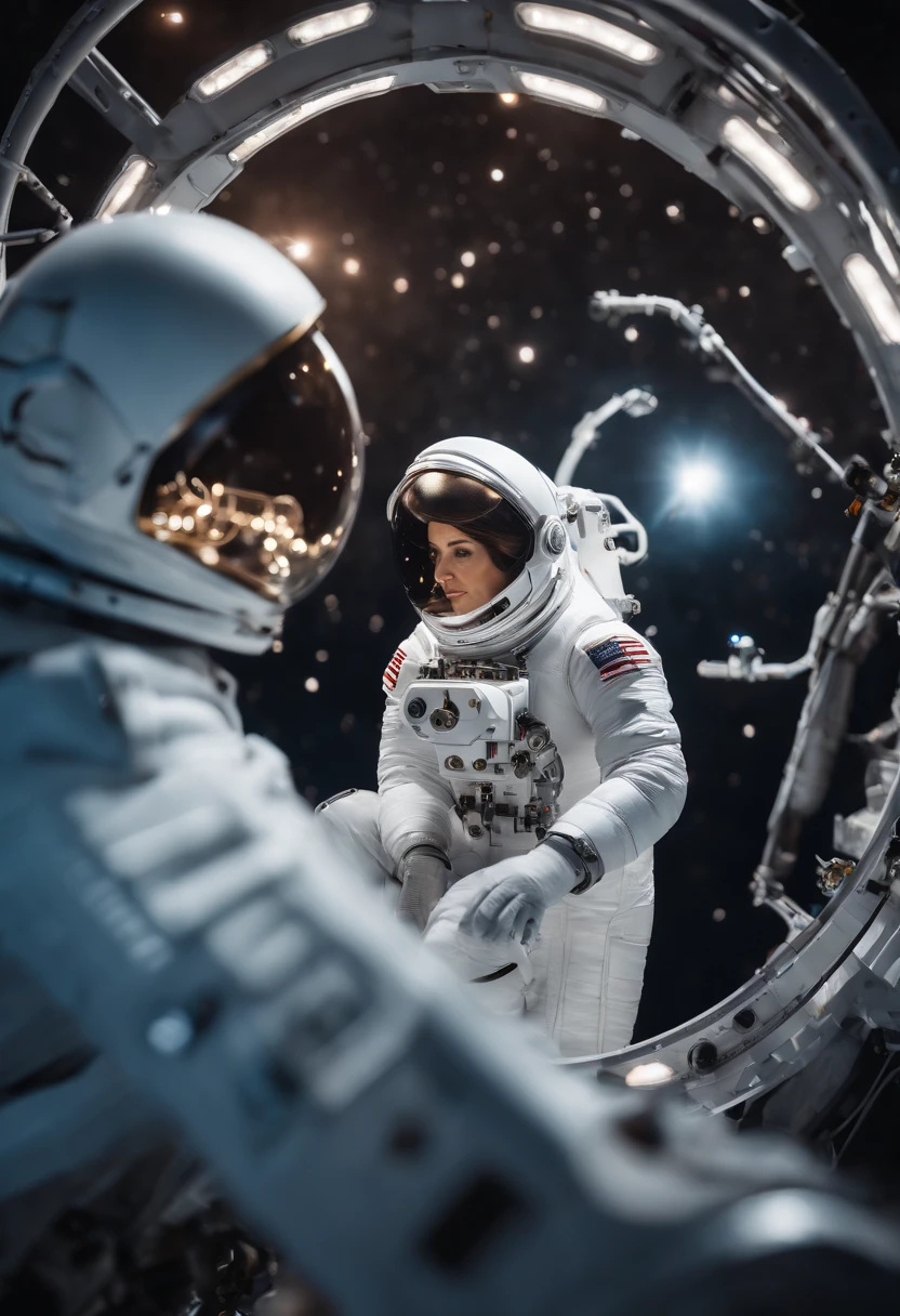 photograph taken from a very close angle of a female astronaut fixing panels of a super realistic white space cruiser, hyper detailed mechanical parts with tubes and hydraulic connections, lit by a galaxy in the background.