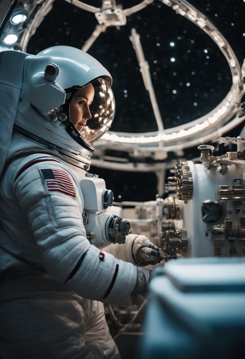 photograph taken from a very close angle of a female astronaut fixing panels of a super realistic white space cruiser, hyper detailed mechanical parts with tubes and hydraulic connections, lit by a galaxy in the background.