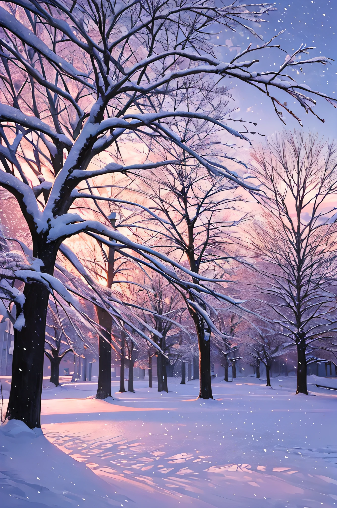Beautiful natural landscape of city park in winter with fluffy deciduous trees covered with hoarfrost and snow caps at sunset in lilac and pink tones