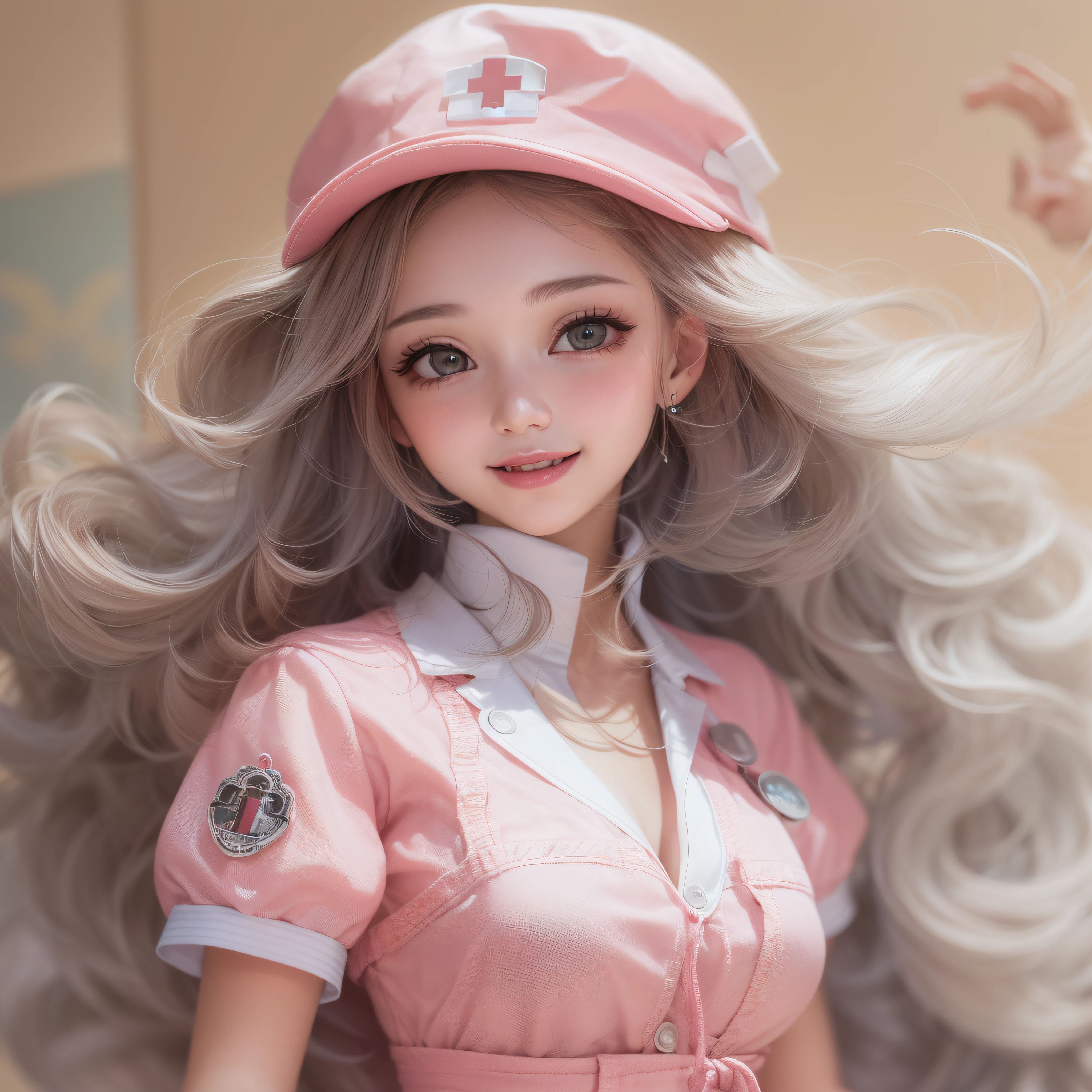 Close up of a smile with the corners of the mouth raised、Smiling Barbie doll、Nurse、Nurse Costume、Cosplay、(realisitic、hight resolution)、(1 girl in)、Nurse、Do-Up Eye、Korean Girl、(Best Quality), (masutepiece), (1girl in), Solo, a beauty girl, Perfect face, Big Breast,dreamlikeart、Highly detailed airbrush art((Surreal))、Volumetric lighting、(top-quality)、The ultra-detailliert、(The composition of the movement:1.4)、Highly detailed colorful details、(Bright lighting)、dynamic compositions、Ray traching、The mirror reflects light、Shallow depth of field、ultra-detailliert、mixing  exposure、nffsw、Her eyes are glowing pink、Staring at the pink sea。Her pink face is full of anticipation and courage for a nurse.、A smile appears on the lips of a nurse。 At the rear、The sun is slowly tilting to the west。Its light brings nurse light to the sea surface、The swaying waves create a beautiful scene。Her eyes are clearly glowing pink。Lots of pink