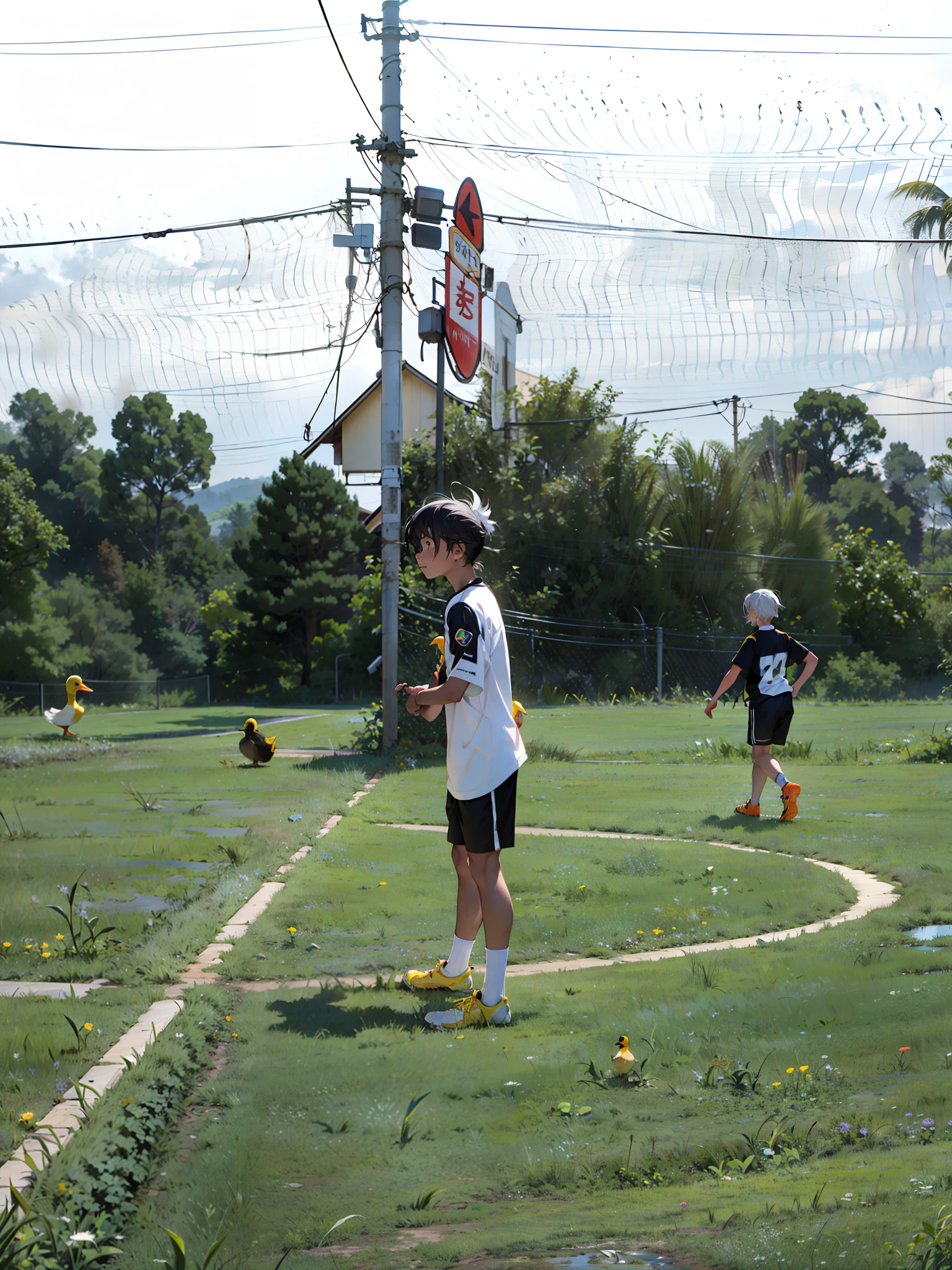A boy, duck hybrid, messy long white hair, with yellow locks, confused expression, white shirt and shorts, duck feathers and ducktail