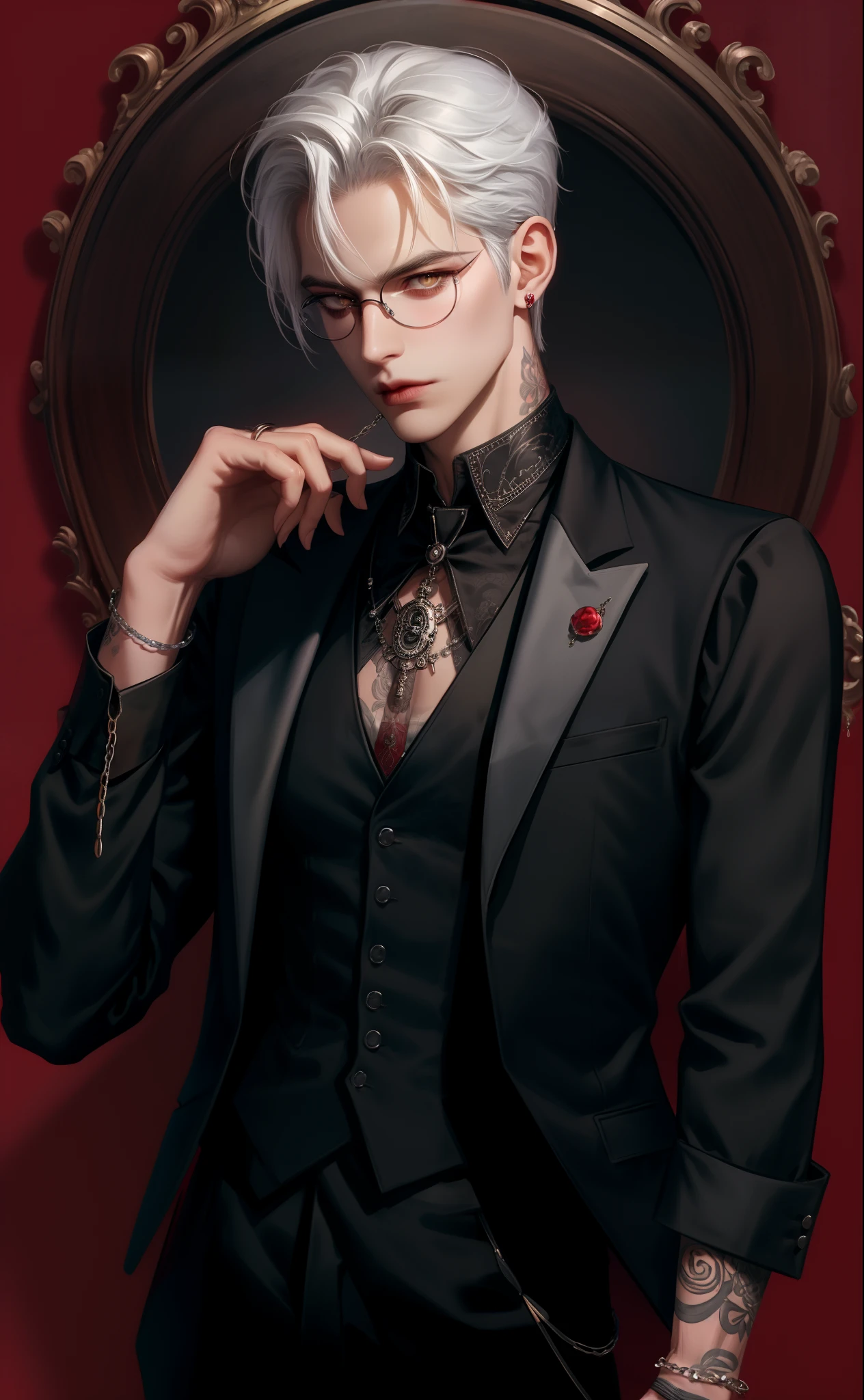 (Masterpiece,Best quality,Supergianthugebreasts_Detailed,A high resolution,absurderes),1boys, Male focus, tattoo, Solo, White hair,chain, shirt, black necktie, tiese, Simple background, Yellow eyes, Upper body, vest, Short hair, view the viewer, parted lip, Collared shirt, circle glasses, Long sleeves, neck tattoo, Put your hand on your shoulder, arm tattoos, Black shirt, Red background, Brown vest, monocle, jewelry (looks away:1.2)