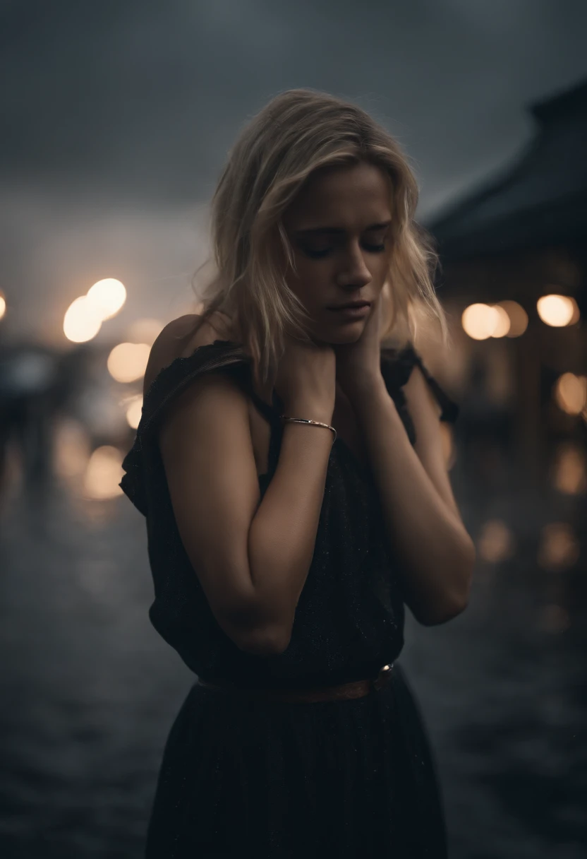 Sad girl,cry,darkness,Rain sky,。.。.。.。.。.。.。.。.。.。.。.。.3D,Upscale,hard disk,Blonde short,is crying,with his back turned