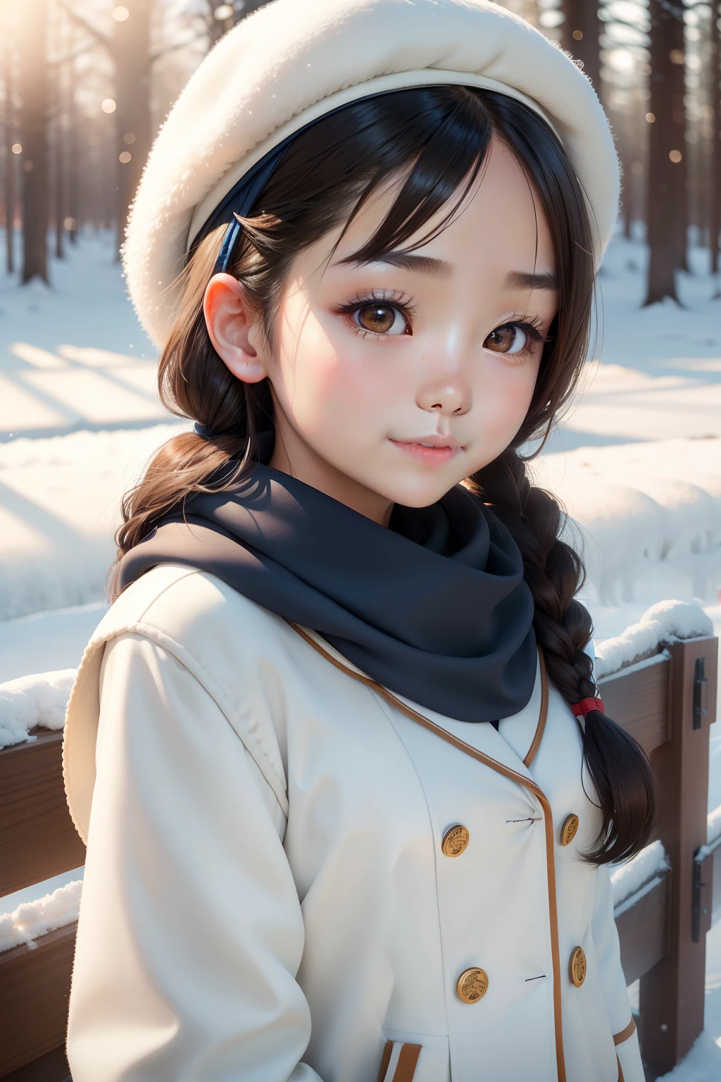 ChineseGirl，Brown eyes，light make-up，Station，ssmile，White forest snowscape，outside，downy，rays of sunshine，Background bokeh，upperbody closeup，brown  hair，Shoulder length，Air bangs，Double braid，Blue Japanese high school uniform for girls，Navy collar，white beret，Blue wool scarf，True skin texture
