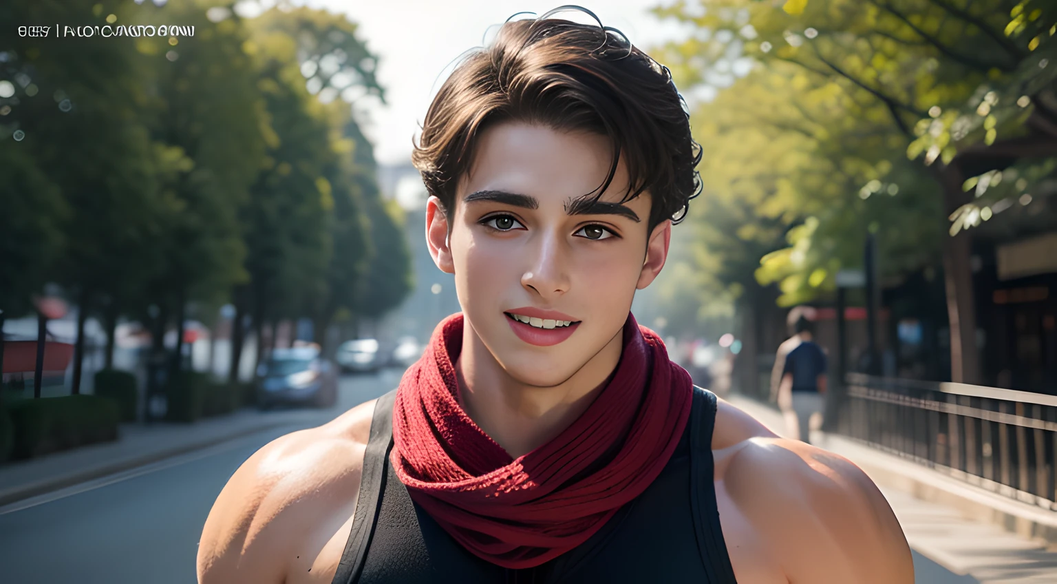 ((Men only)), (head shot), (having a knit scarf wrapped around his neck), (tank top), ((Pietro Boselli)), (Handsome muscle man in his 10s), (big Smile), (The trees have turned red), (detaile: 1 in 1), Natural muscles, HIG quality, beautidful eyes, (Detailed face and eyes), (Face、: 1 / 2), Noise, Real Photographics、... ...................................................................................................................PSD, Sharp Focus, High resolution 8K, realisitic & Professional Photography, 8K UHD, Soft lighting, High quality, Film grain, FujifilmXT3