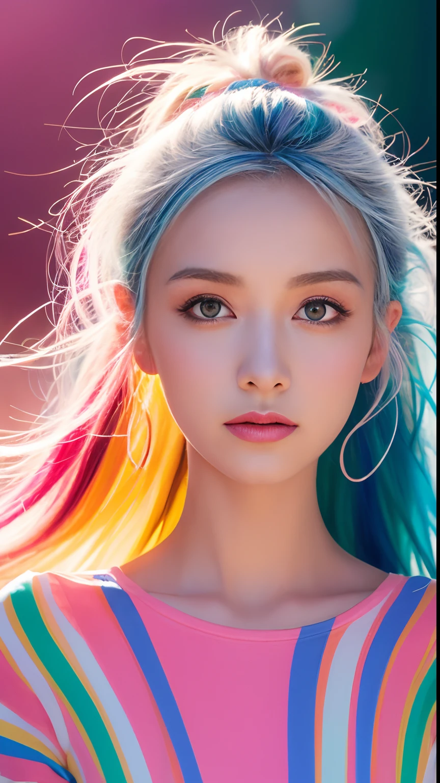 (Pink fashion T-shirt: 1.9), (Colorful hair: 1.8), (Rainbow all colors: 1.8), (((Vertical painting: 1.6))), (Painting: 1.6), Front, manga, illustration, painting, big eyes, crystal clear, (rainbow gradient high ponytail: 1.7), delicate makeup, shut up, (small freshness: 1.5), (bandeau: 1.6), long eyelashes, white off-the-shoulder T- shirt, White Shoulder Shirt, looking at the audience, Big watery eyes, (rainbow hair: 1.6), color splash, (solo:1.8), color splash, color explosion, colour splash, color explosion, thick lacquer style, messy lines, ((shining)), (colorful), (colorful), (colorful), colorful, Thick Paint Style, (Splash) (Color Splash), Vertical Painting, Upper Body, Paint Splash, Acrylic Pigment, Gradient, Paint, Highest Image Quality, Masterpiece, Solo, Depth of Field, Face Paint, colorful clothes, (elegance: 1.2), gorgeous, long hair, wind, (elegance: 1.3), (petals: 1.4), ((masterpiece))), ((best quality))), (ultra-detailed), (illustration), (dynamic angle), (floating), (paint), ((loose hair)), (solo), (1girl), ( ( ( detailed anima face))), (( Beautiful detailed face)), collar, bare shoulders, white hair, ((colored hair)), ((striped hair)), beautiful detailed eyes, (gradient eyes), (colored eyes))), (colored background))), ((high saturation))), ((surrounded by colored splashes))