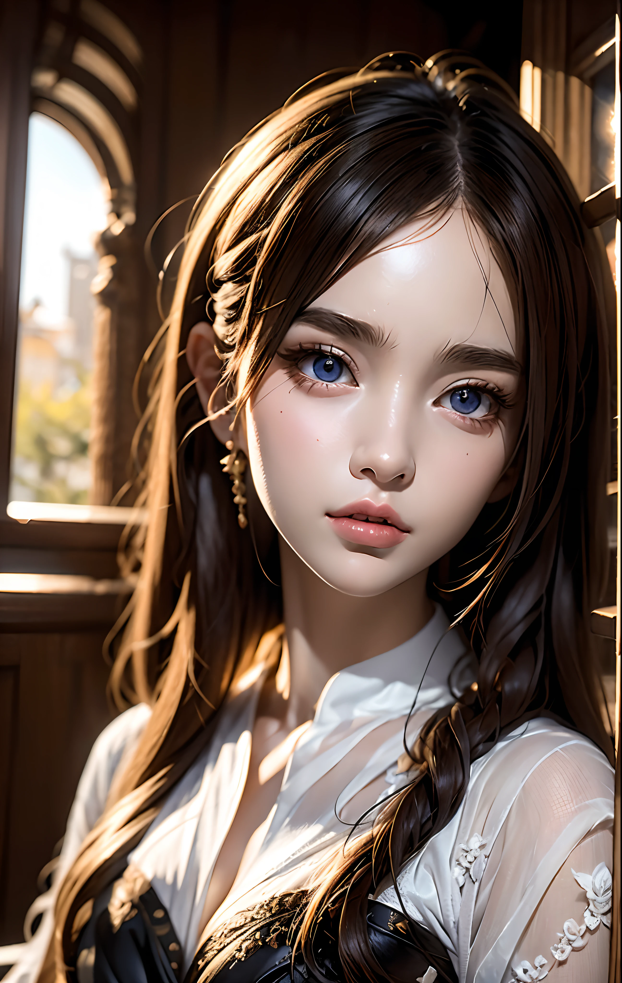 (hight resolution、high lighting、4K、CG)、Long face、1girl in、faces、A detailed face、Brown eyes、close up of face、looking at the viewers、Close-up strength、The photo is、Only very beautiful eyes are taken in close-ups.。Her eyes are charming.、Has magical powers to captivate the viewer。eye color is bright、Have a deep gaze。Its color shines like a jewel、Deep, As if it spreads out like a space。There is a moist shine in her eyes.、Shine like tears。The glow is like a star々It seems to illuminate the darkness of the universe.、Mysterious and enchanting。long eyelashes that spread beautifully around the eyes,,.、Makes the eyes even more attractive。There is such elegance that eyelashes wrap around the eyes。There is a faint light in her eyes.、Expressions that make you feel joy and happiness.。You may see a calm expression as if you are smiling...。This beautiful eye picture is、As a symbol of beauty, Deeply moving the viewer.。The brilliance of those charming eyes is、、、Engage your audience、It leaves an eternal impression on your mind。