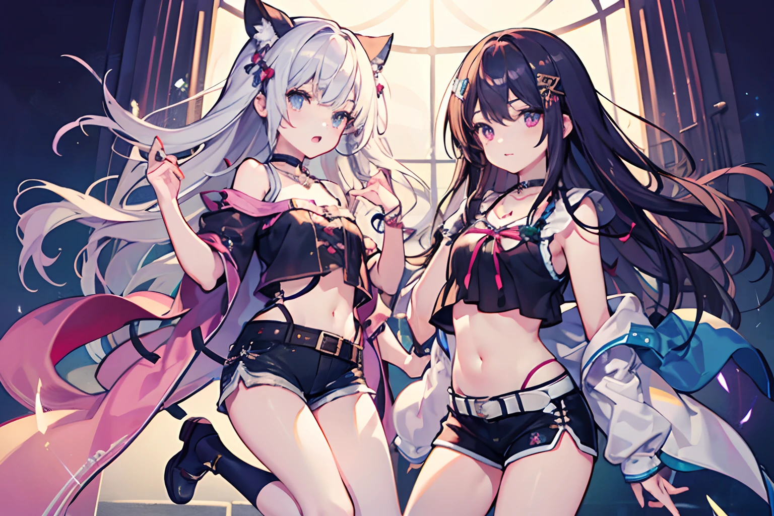 ,twins, Masterpiece,Best quality,offcial art,Extremely detailed Cg Unity 8K wallpaper, 2girls, cute female ,hair adornments, Short shorts, Crop top, ribbon_choker necklace, leg belt,