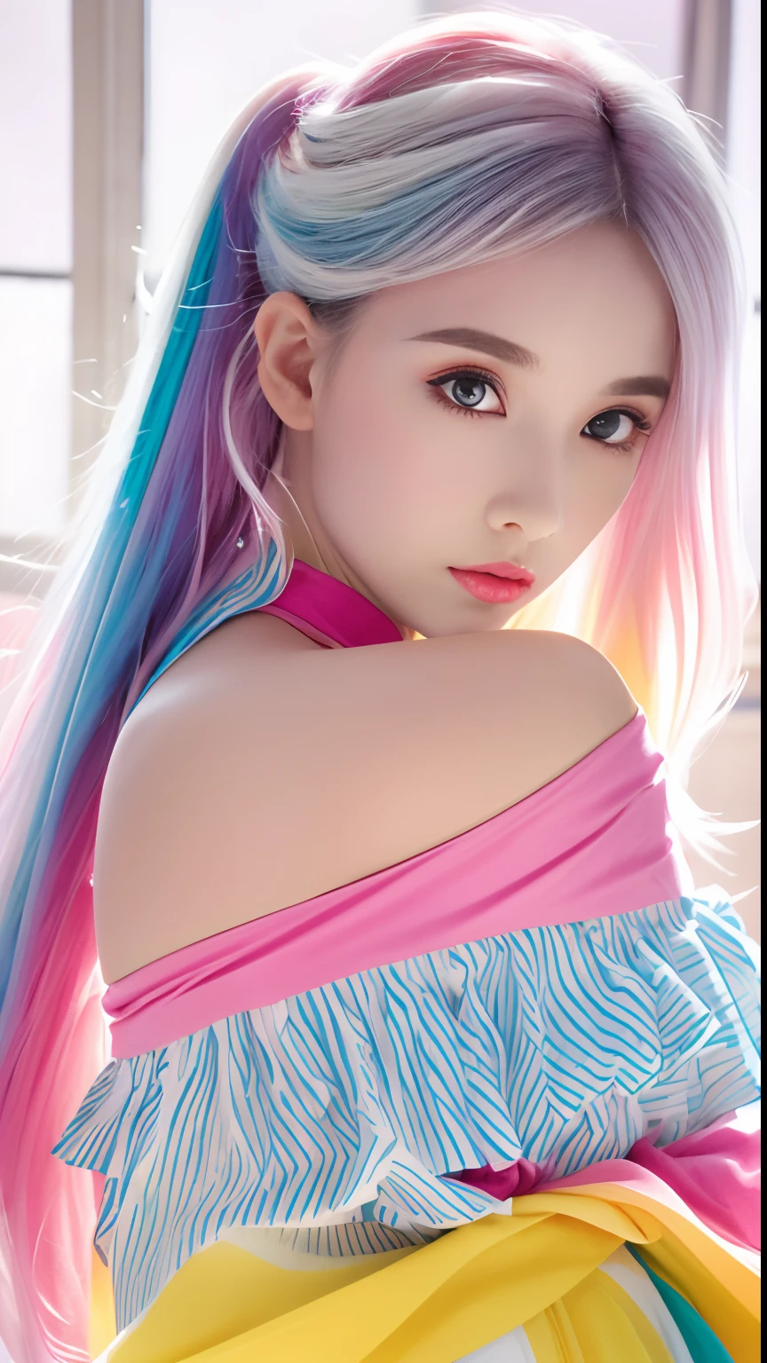 (Pink fashion T-shirt: 1.9), (Colorful hair: 1.8), (Rainbow all colors: 1.8), (((Vertical painting: 1.6))), (Painting: 1.6), Front, manga, illustration, painting, big eyes, crystal clear, (rainbow gradient high ponytail: 1.7), delicate makeup, shut up, (small freshness: 1.5), (bandeau: 1.6), long eyelashes, white off-the-shoulder T- shirt, White Shoulder Shirt, looking at the audience, Big watery eyes, (rainbow hair: 1.6), color splash, (solo:1.8), color splash, color explosion, colour splash, color explosion, thick lacquer style, messy lines, ((shining)), (colorful), (colorful), (colorful), colorful, Thick Paint Style, (Splash) (Color Splash), Vertical Painting, Upper Body, Paint Splash, Acrylic Pigment, Gradient, Paint, Highest Image Quality, Masterpiece, Solo, Depth of Field, Face Paint, colorful clothes, (elegance: 1.2), gorgeous, long hair, wind, (elegance: 1.3), (petals: 1.4), ((masterpiece))), ((best quality))), (ultra-detailed), (illustration), (dynamic angle), (floating), (paint), ((loose hair)), (solo), (1girl), ( ( ( detailed anima face))), (( Beautiful detailed face)), collar, bare shoulders, white hair, ((colored hair)), ((striped hair)), beautiful detailed eyes, (gradient eyes), (colored eyes))), (colored background))), ((high saturation))), ((surrounded by colored splashes))