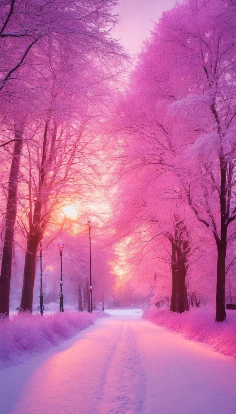 Beautiful natural landscape of city park in winter with fluffy deciduous trees covered with hoarfrost and snow caps at sunset in lilac and pink tones