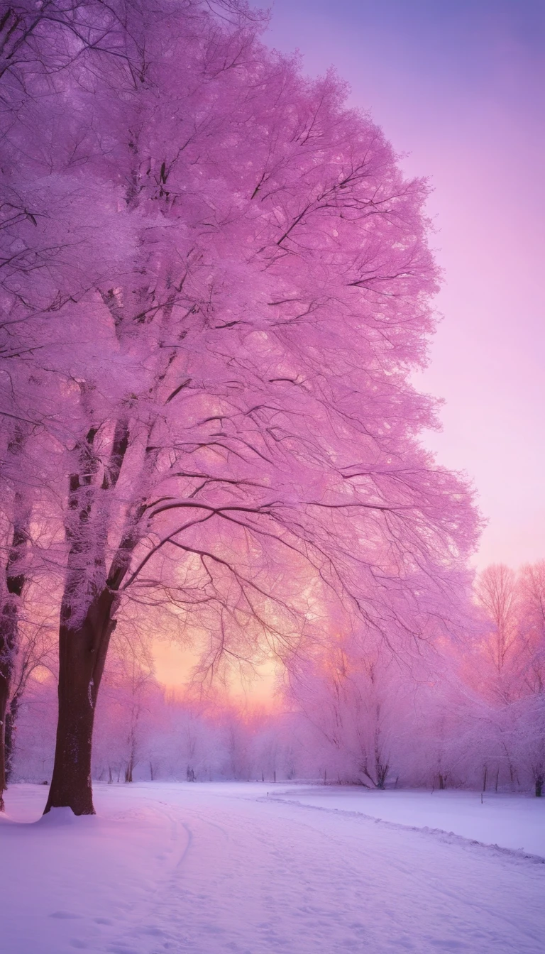Beautiful natural landscape of city park in winter with fluffy deciduous trees covered with hoarfrost and snow caps at sunset in lilac and pink tones