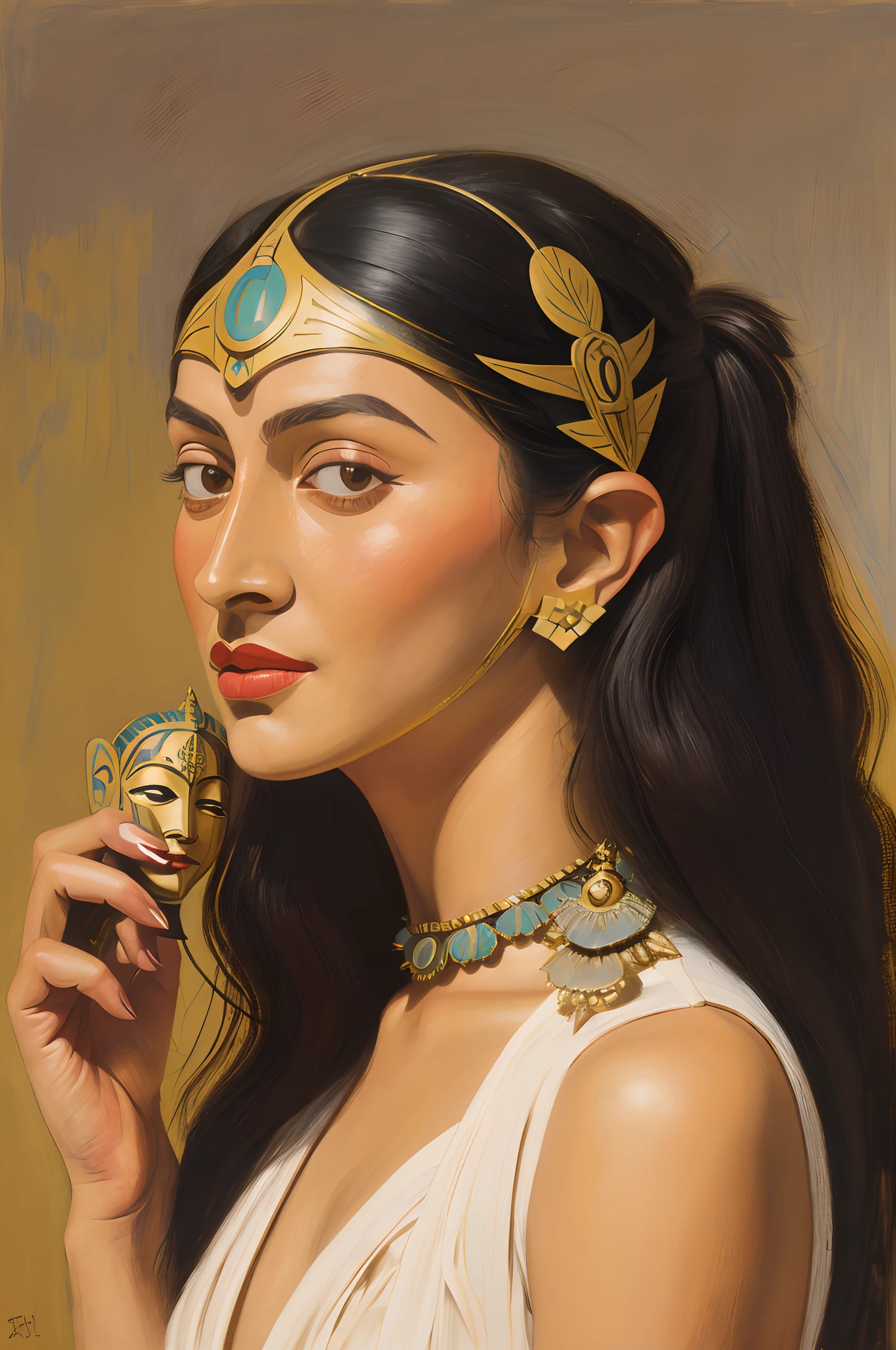 painting of a woman holding a mask and a mask in her hand, inspired by Gustave Boulanger, inspired by I Ketut Soki, art in the style of paula rego, inspired by Vladimir Tretchikoff, portrait of modern darna, inspired by Léon Bakst, inspired by Bhupen Khakhar, inspired by Giovanni Battista Tiepolo