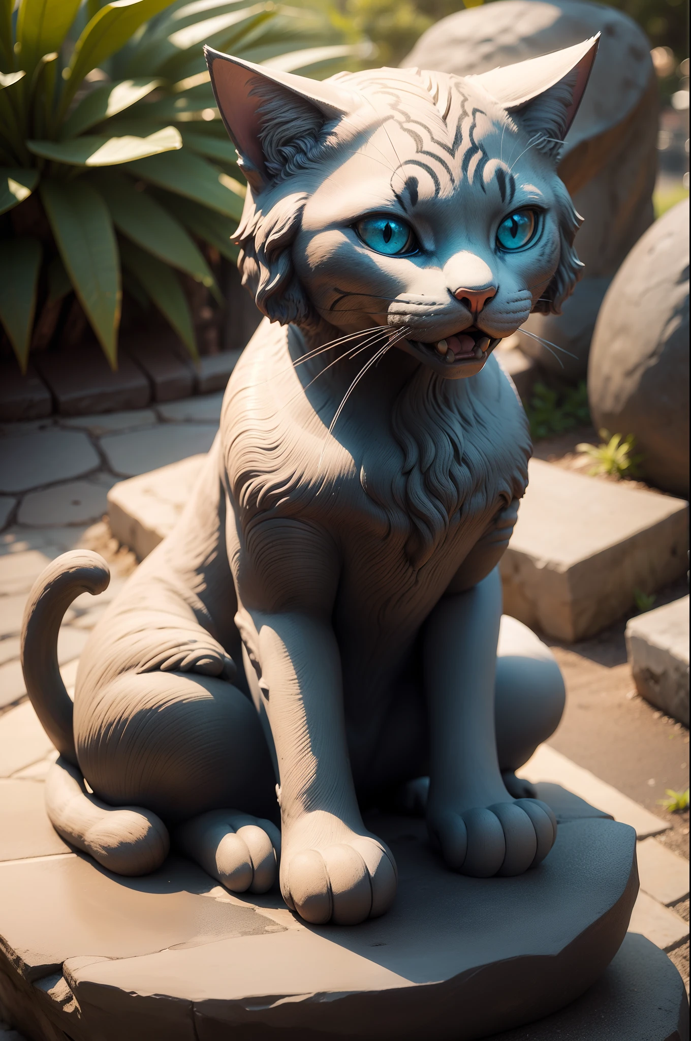 A statue of a cat sitting on a rock，Cute weird cat statue，The cat statue opens its mouth，teeth showing，Has pointy ears，Squinted eyes，Big nose