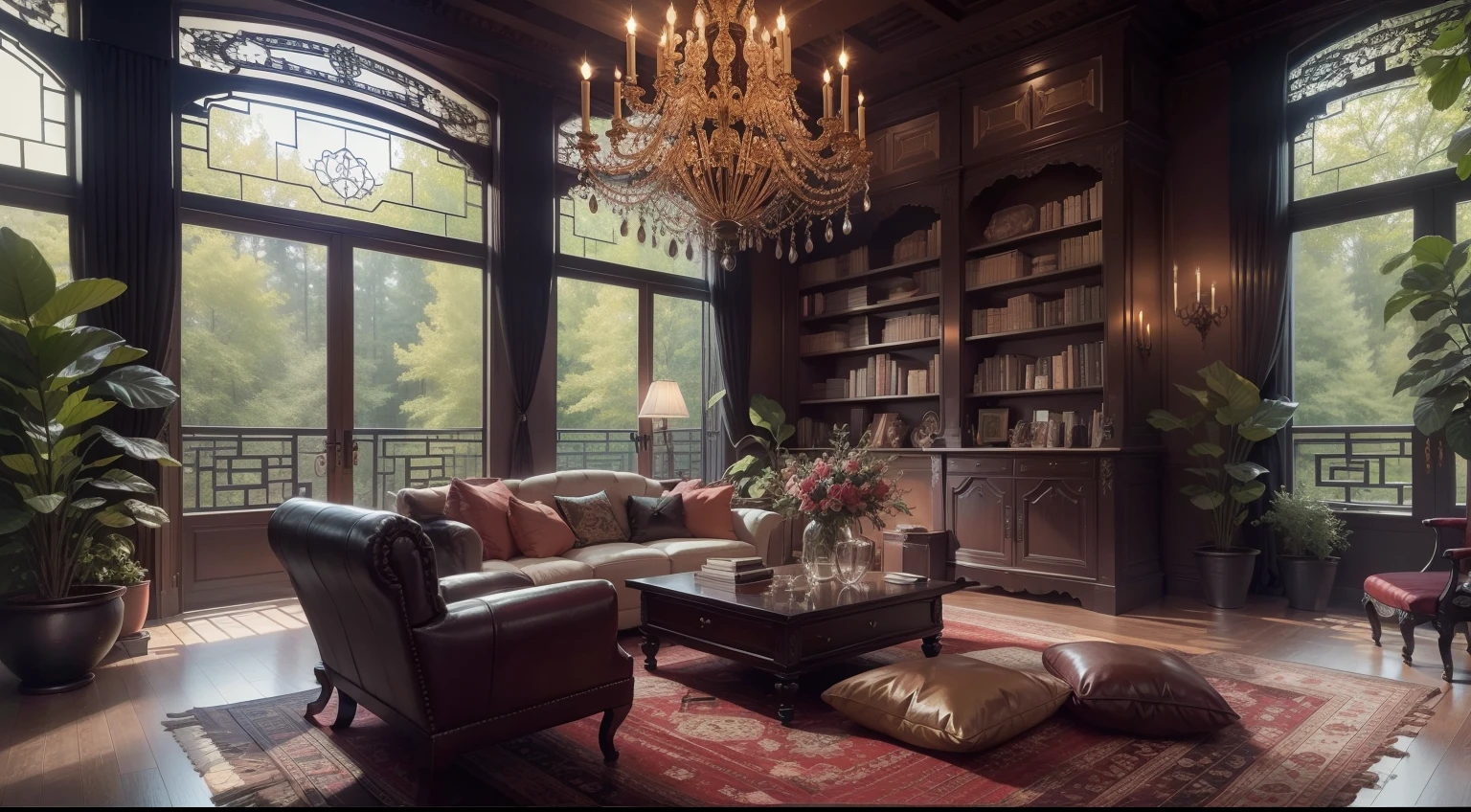 Western-style house living room deep in the sunny forest、Books on the table、Gold and silver ware, high-end atmosphere, Interior architecture, Gothic art, Intricate moldings,Large black wrought iron crystal chandelier,Vintage parquet flooring,persian rug,Chinese live inside,Verism, One-person viewpoint, From the outside, kanon, Super detail, High quality, A high resolution, 8K, Best quality