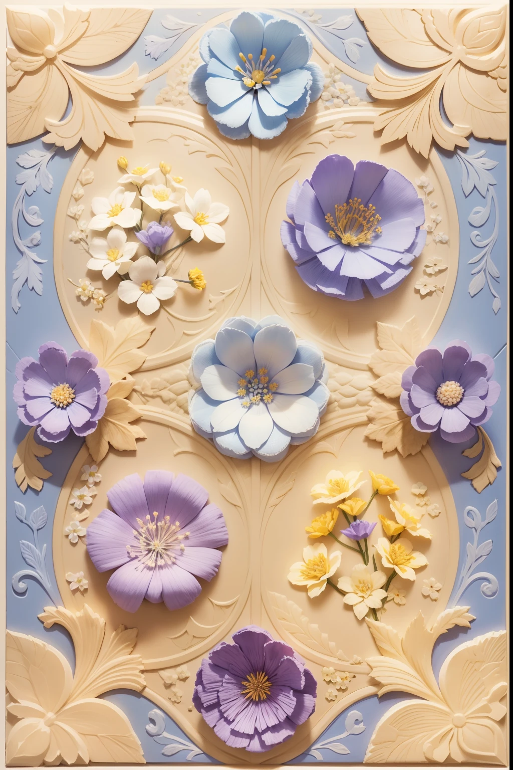 Beautiful lavanda flowers, yellow, pale baby blue, craft paper, wild flowers, intricate details --tile -- stylize 1250 --test --creative 000 --v 3 --s 2