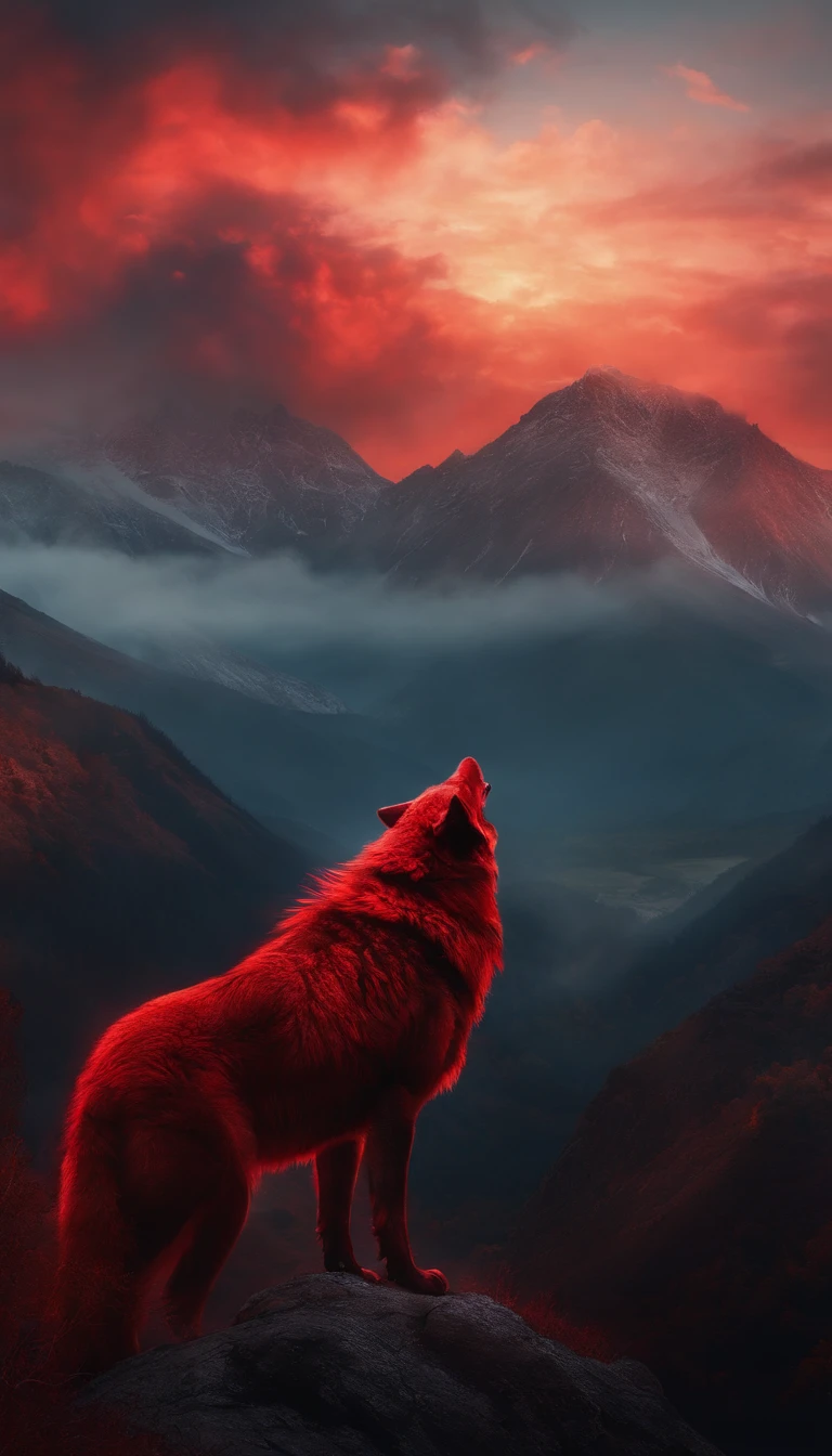 A man looks at a big monster wolf with red mist in its feathers on top of a mountain