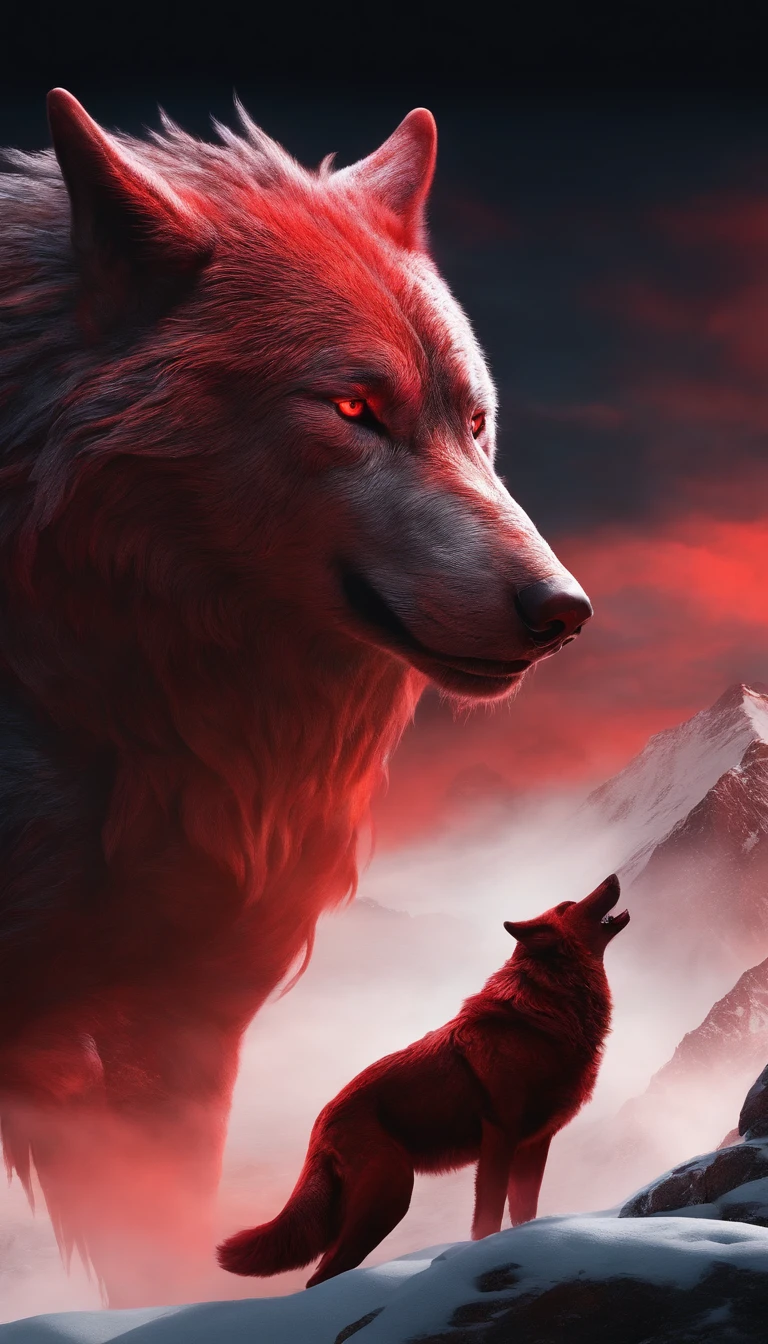 A man looks at a big monster wolf with red mist in its feathers on top of a mountain