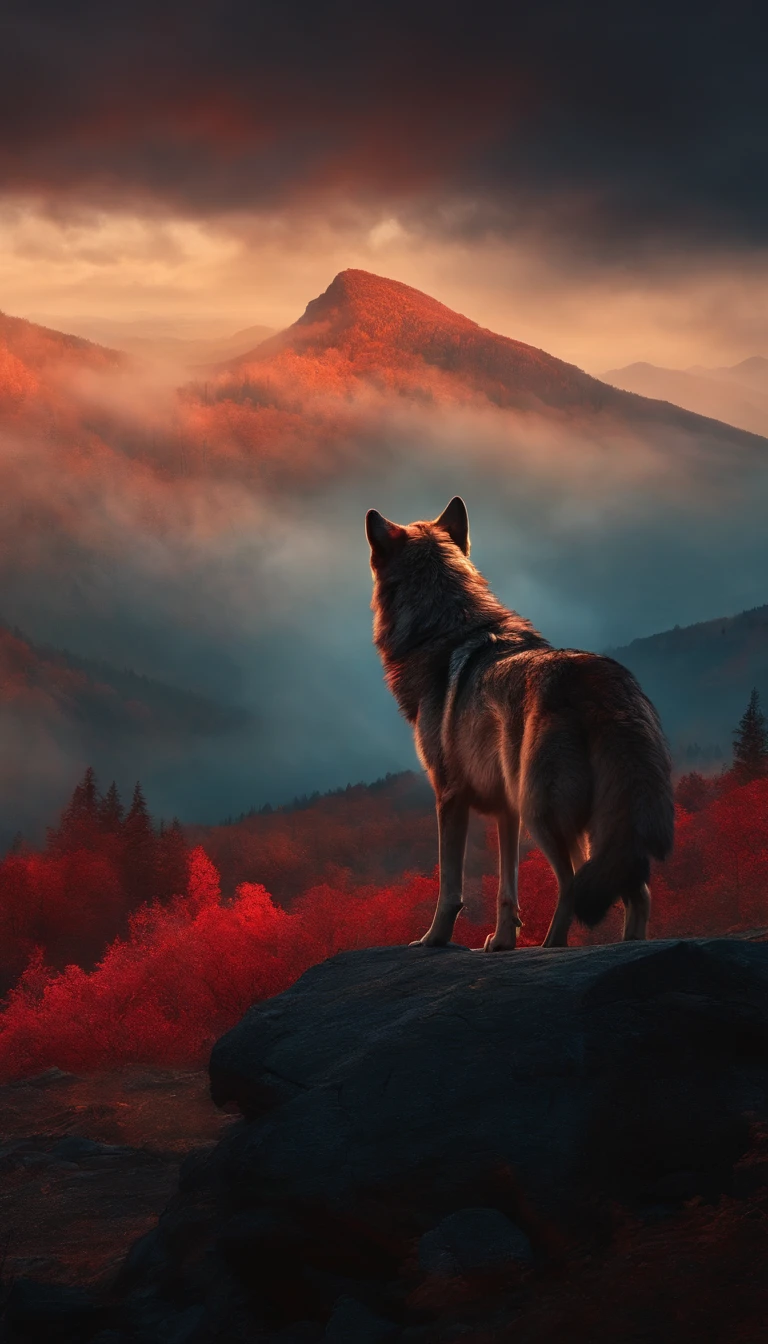 A man looks at a big monster wolf with red mist in its feathers on top of a mountain