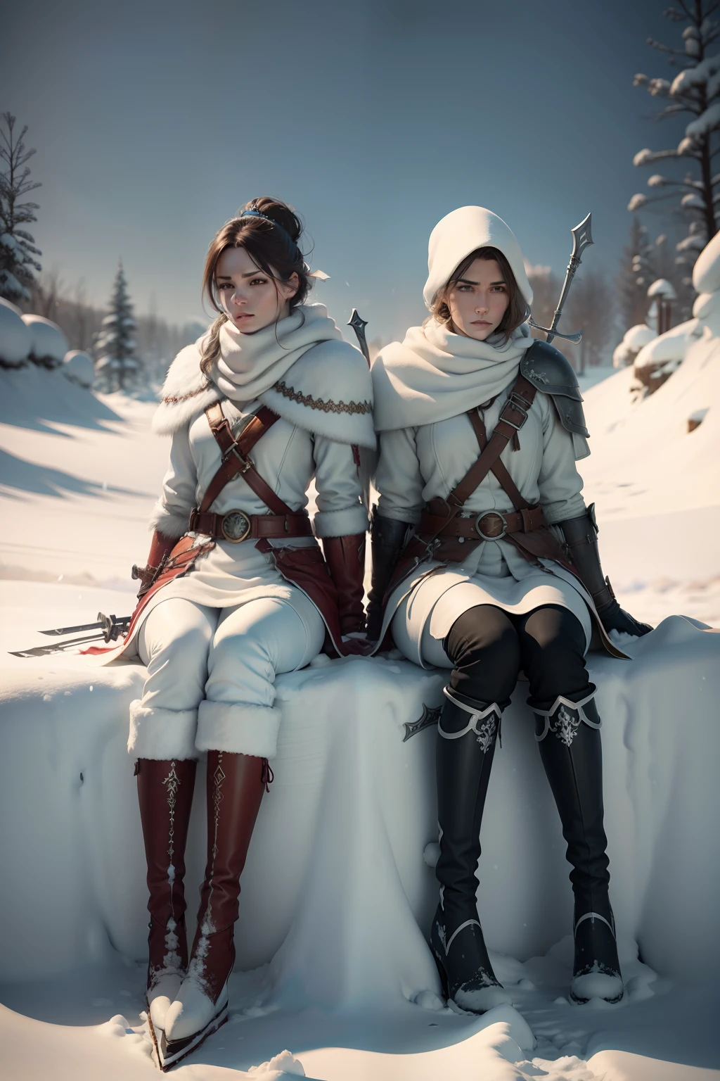 Two crossed swords sitting in winter snow, digital art, hyper realistic, 8k, unreal engine.