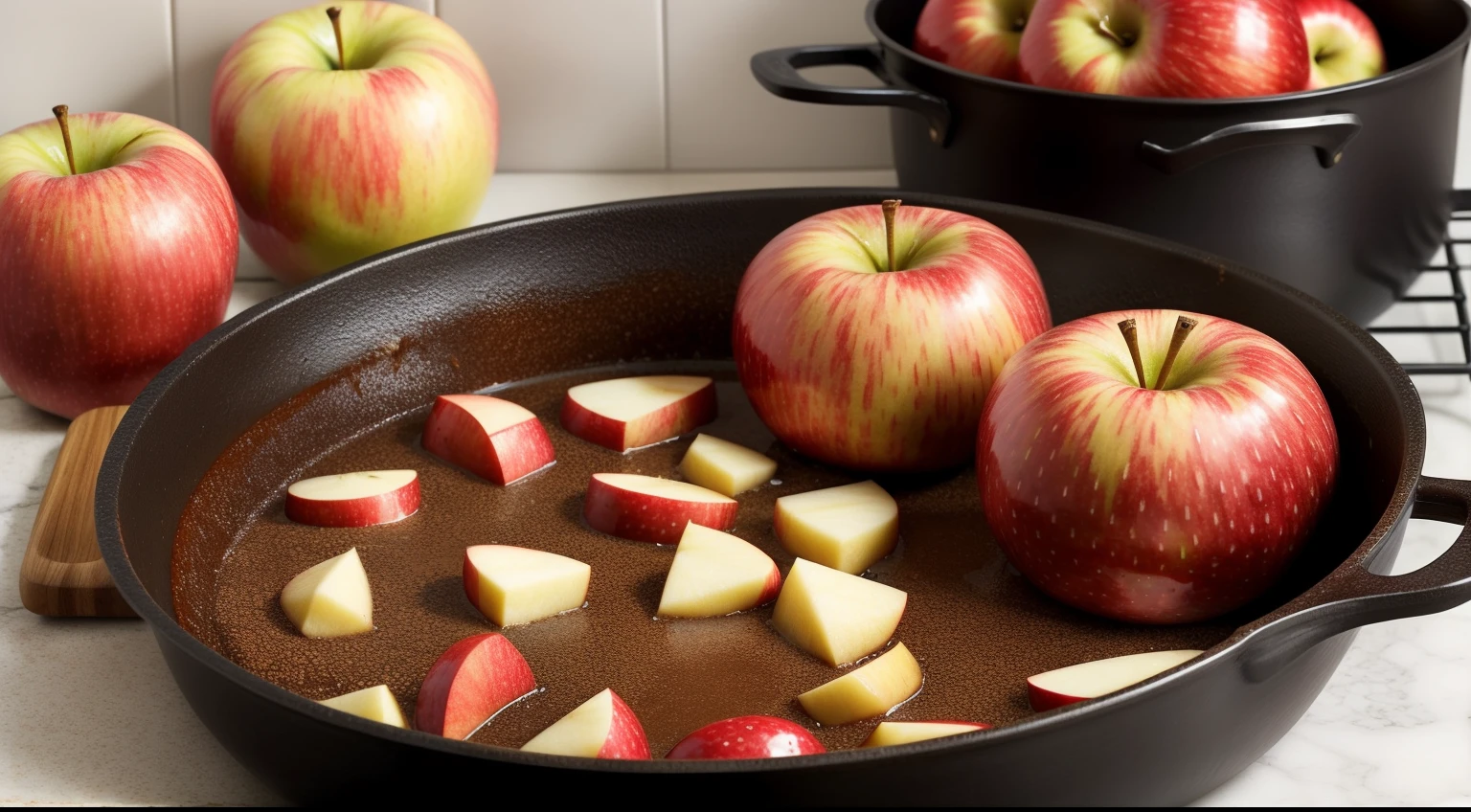 Pot in kitchen with apple, brown sugar and water next to the pan,frutas ao lado,Red Apples