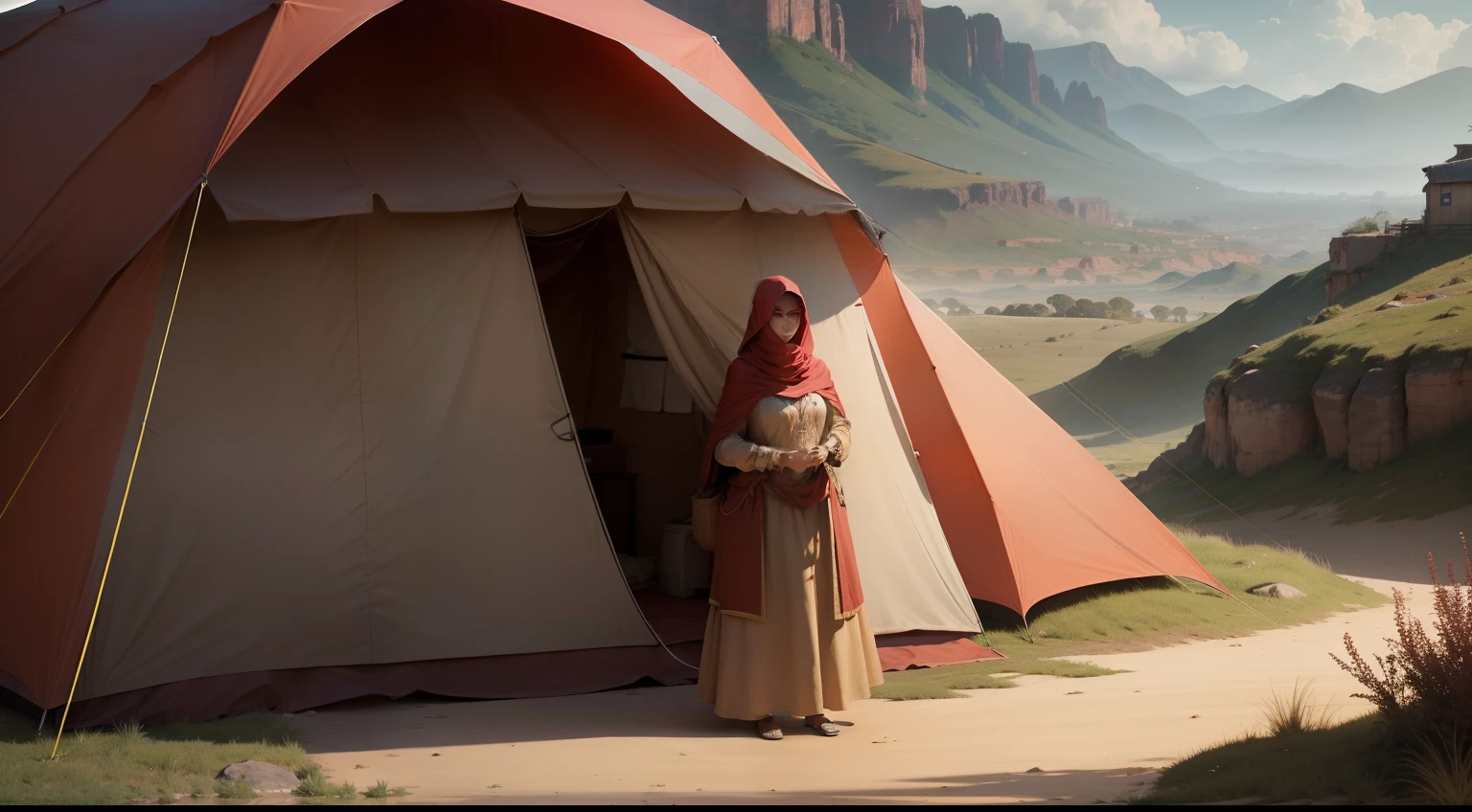 Woman with a brown tunic and a red veil over her head, de vigia do lado de fora da tenda , Scenery: The exterior of the tent, overcast sky, with cerrado vegetation