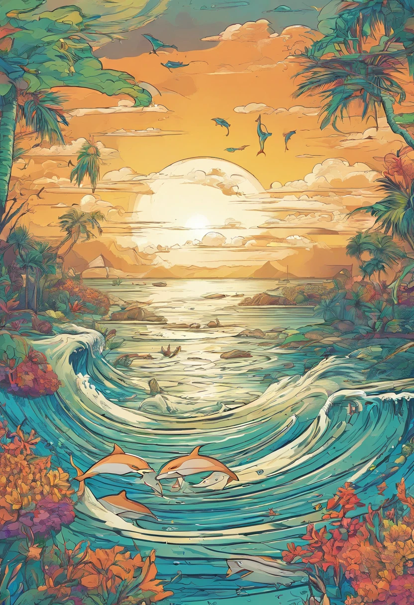 3 dolphins swimming in the sea in the distance,Epic composition,T-shirt design,rzminjourney,vectorial art