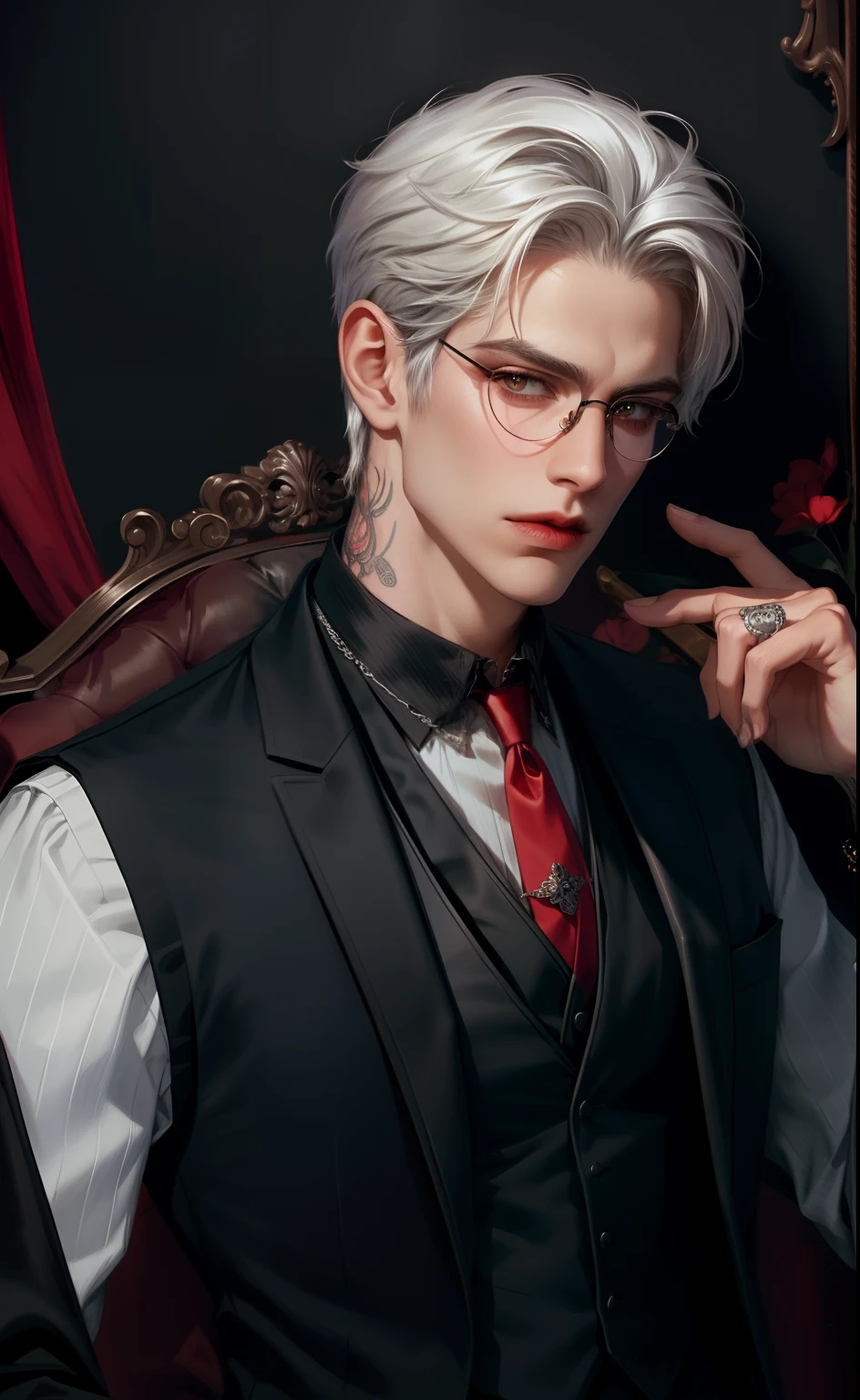(Masterpiece,Best quality,Supergianthugebreasts_Detailed,A high resolution,absurderes),1boys, Male focus, tattoo, Solo, White hair,chain, shirt, black necktie, tiese, Simple background, Yellow eyes, Upper body, vest, Short hair, view the viewer, parted lip, Collared shirt, circle glasses, Long sleeves, neck tattoo, Put your hand on your shoulder, arm tattoos, Black shirt, Red background, Brown vest, monocle, jewelry (looks away:1.2)