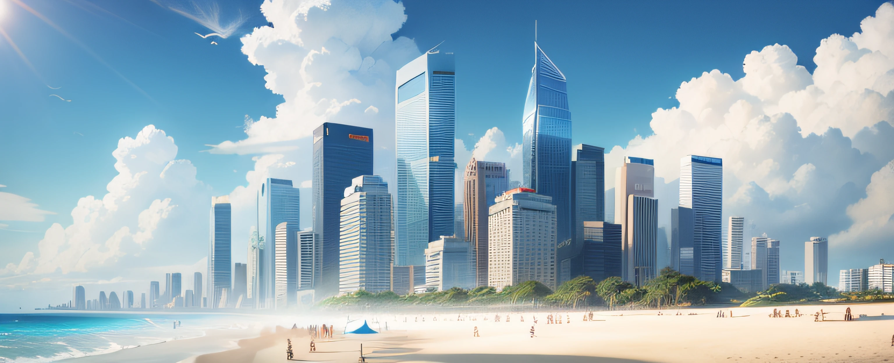 Scenery , Skyscrapers ,City, Beach , Summer , Umbrella , Sky , Day, , Sun , Breeze