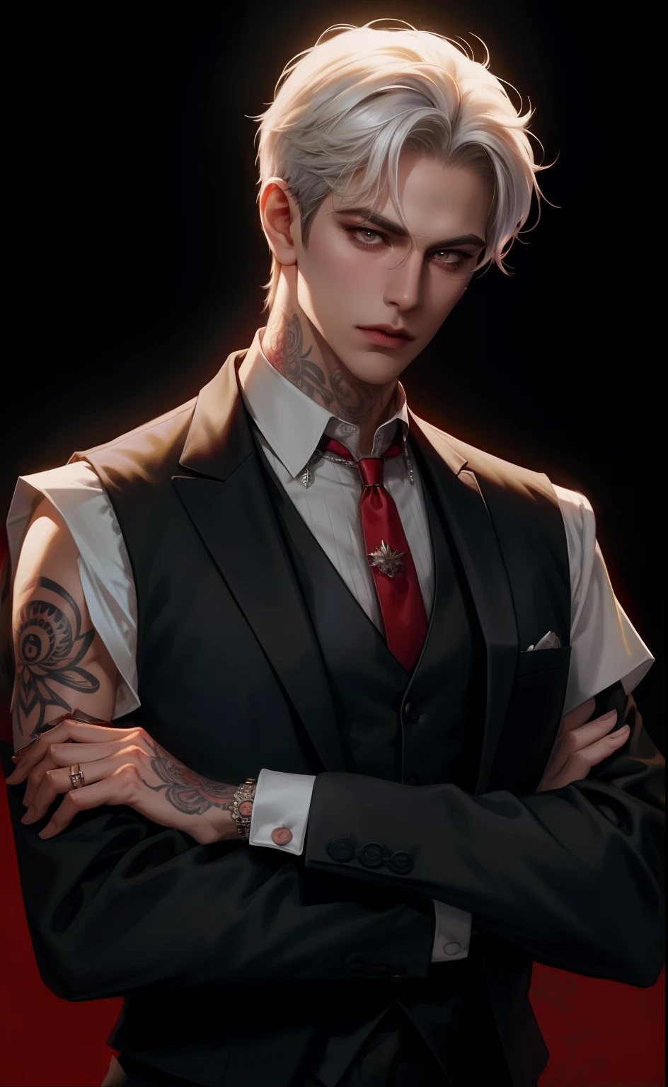 (Masterpiece,Best quality,Supergianthugebreasts_Detailed,A high resolution,absurderes),1boys, Male focus, tattoo, Solo, White hair,chain, shirt, black necktie, tiese, Simple background, Yellow eyes, Upper body, vest, Short hair, view the viewer, parted lip, Collared shirt, circle glasses, Long sleeves, neck tattoo, Put your hand on your shoulder, arm tattoos, Black shirt, Red background, Brown vest, monocle, jewelry (looks away:1.2)