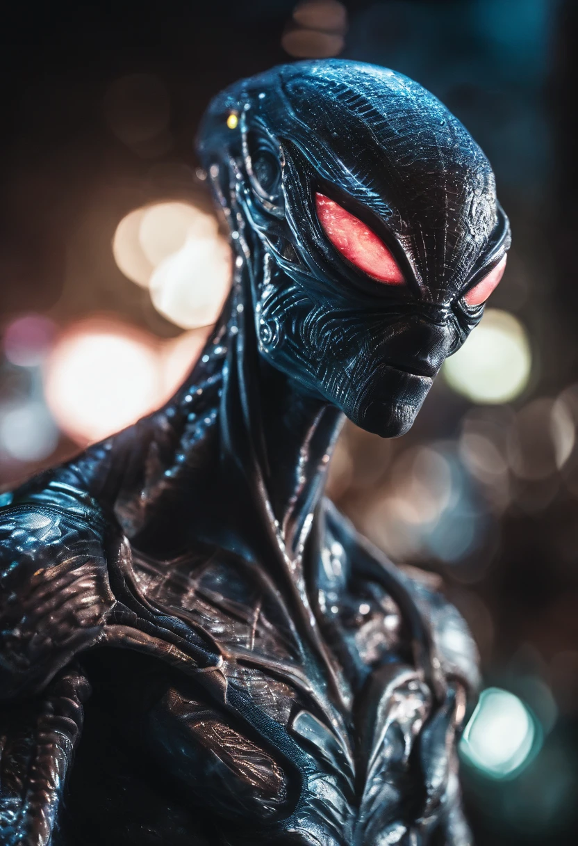 Alien wearing Spiderman suit, fantchar, a translucent ethereal alien with delicate features in a sci-fi setting, glowing from within, sparks and lights, moonlight, moon, close-up, realistic, highly detailed, intricate