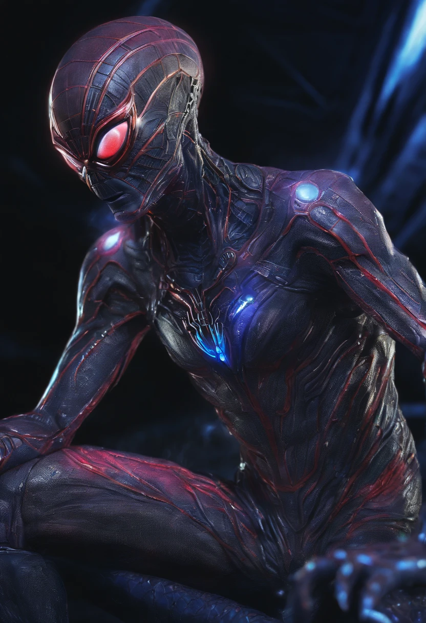 Alien wearing Spiderman suit, fantchar, a translucent ethereal alien with delicate features in a sci-fi setting, glowing from within, sparks and lights, moonlight, moon, close-up, realistic, highly detailed, intricate