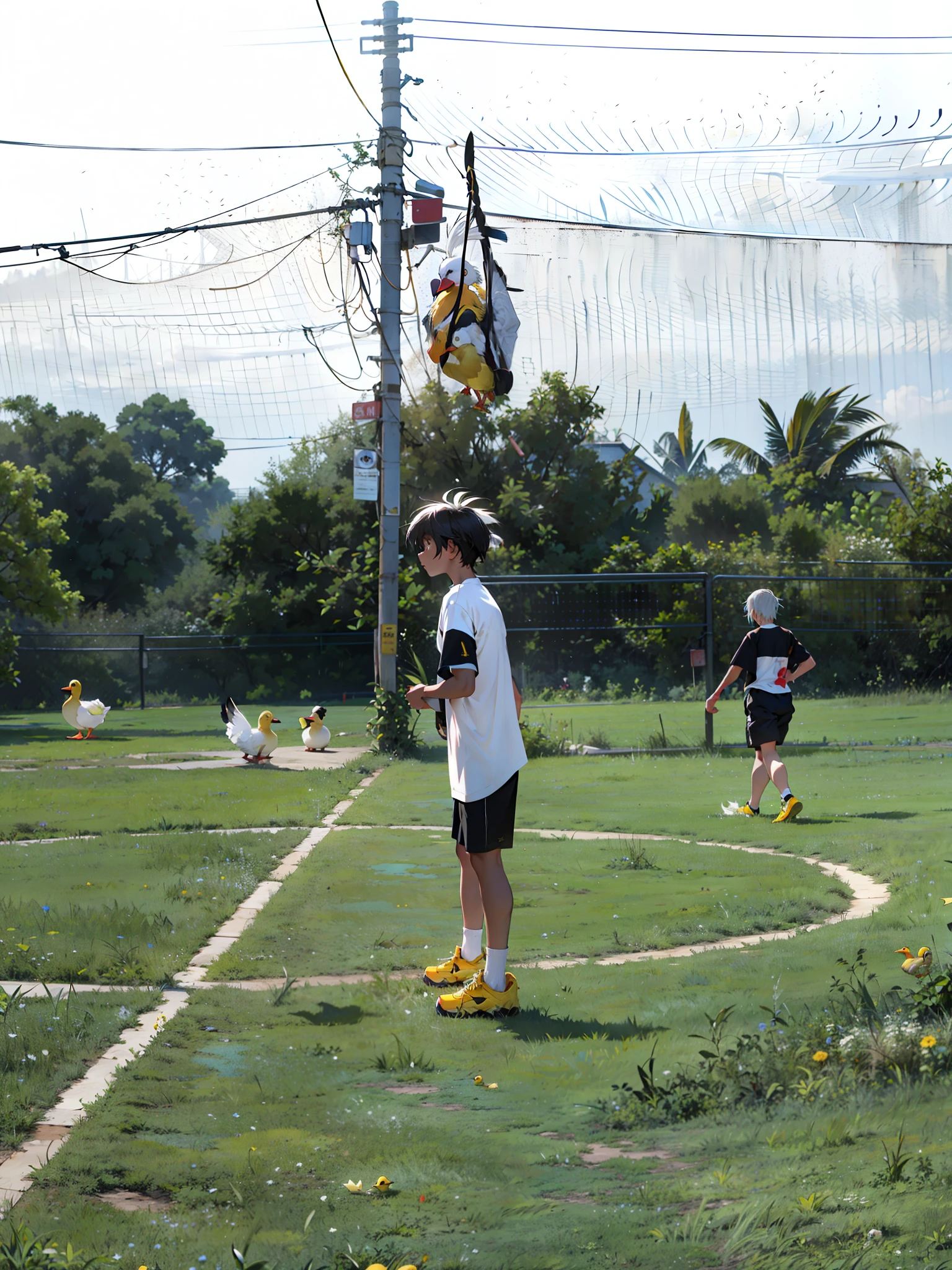 A boy, duck hybrid, messy long white hair, with yellow locks, confused expression, white shirt and shorts, duck feathers and ducktail