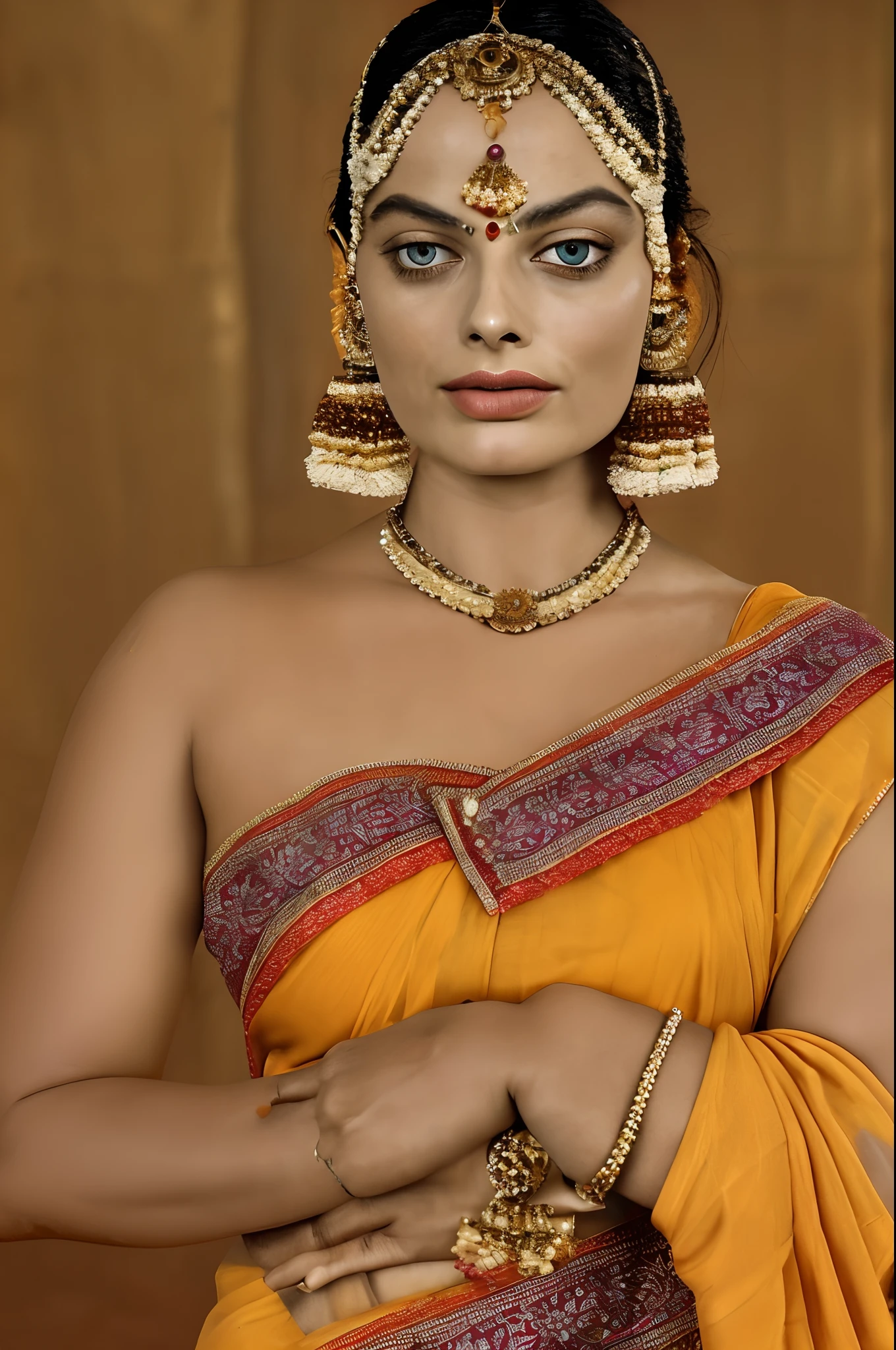 margot robbie wearing saffron saree and greeting with folded hands namaste, wear earrings, bindi, wear bangles