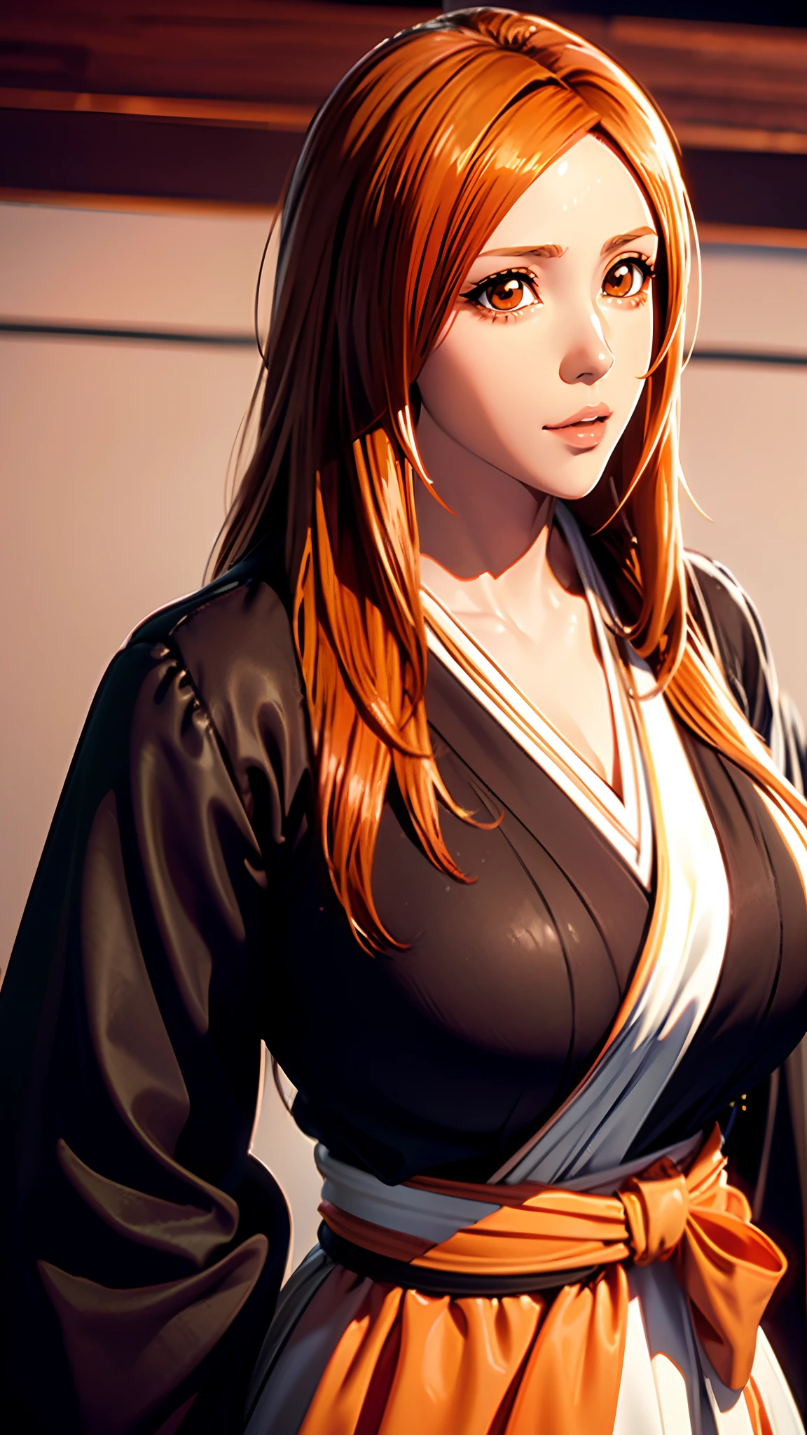 （（（Orihime，Orihime,Orihime,inoueorihime, By bangs，Long hair， Orange hair, (Brown eyes:1.5),Light and shadow interlace，with brown eye， looking at viewert, There is light in the eyes，Orange hair，Hair decoration，laughingly，self-assured，ssmile）））