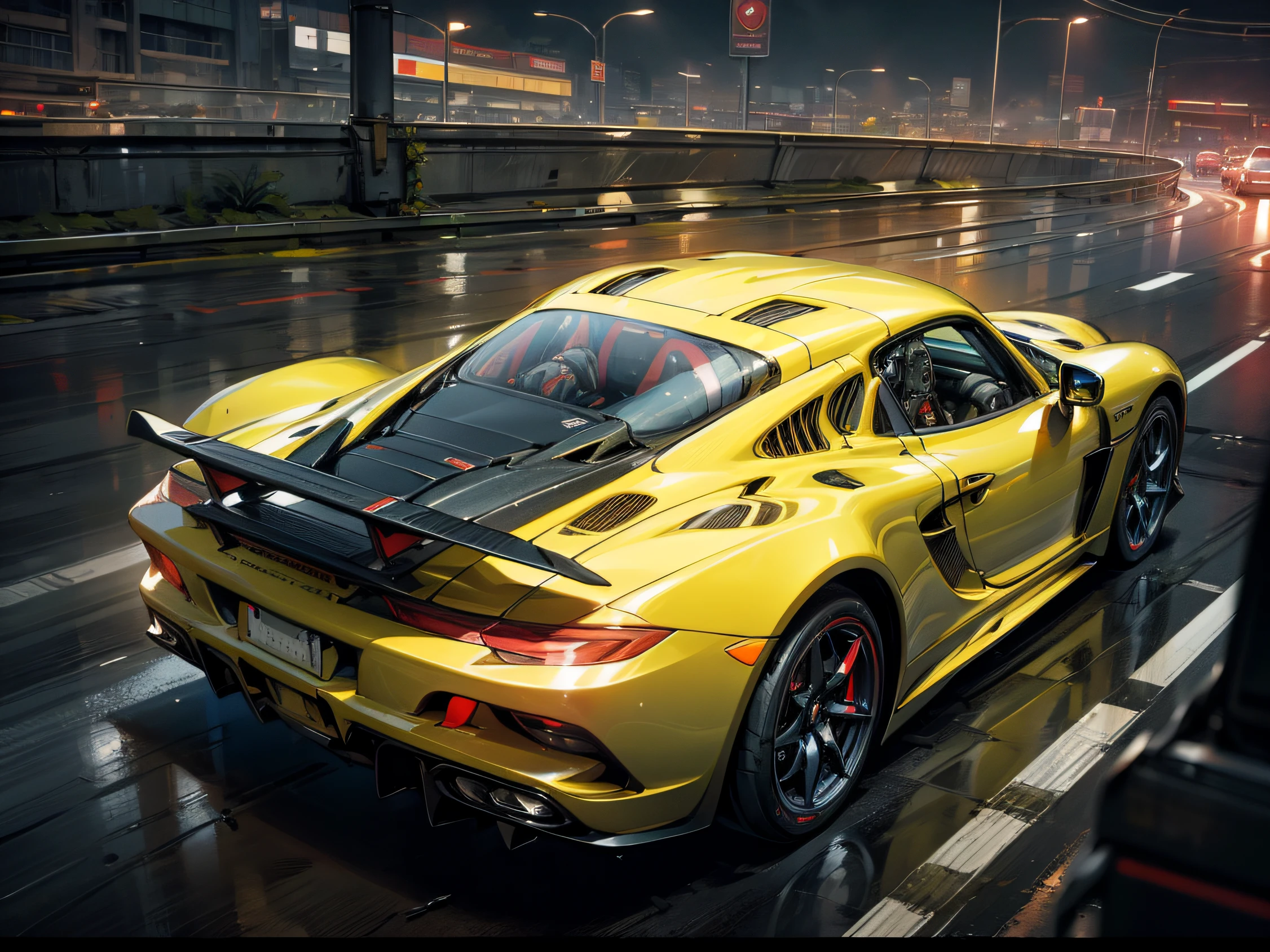 porsche carrera gt, futuristic, high tech, cyberpunk, mechanical marvel, sports car, highway, speeding, speedblur, night time, absurdres, high resolution, ultrasharp, 8k, masterpiece