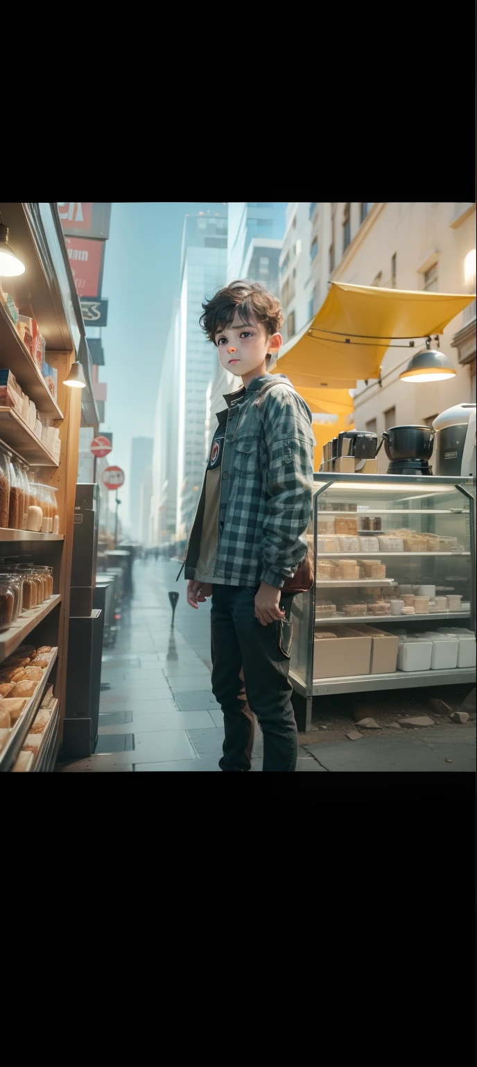Boy with coffee future district background real estate face 8k hd