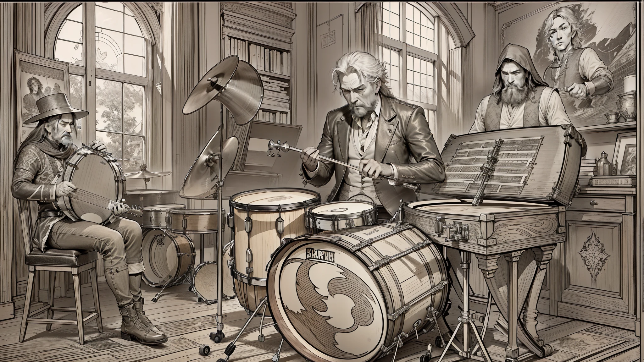 Artis，A middle-aged man with a snare drum。drummer，leather clothes，ripped jeans。Middle Ages style，Play a drum kit in the piano room。frenzied，Rock music。An Alphonse Mucha's（Alphonse Mucha）Art of，sketching，Character lines and scenes without colors and shadows。 （tmasterpiece，best qualtiy，A high resolution：1.4），the detail，complexdetails，4K。