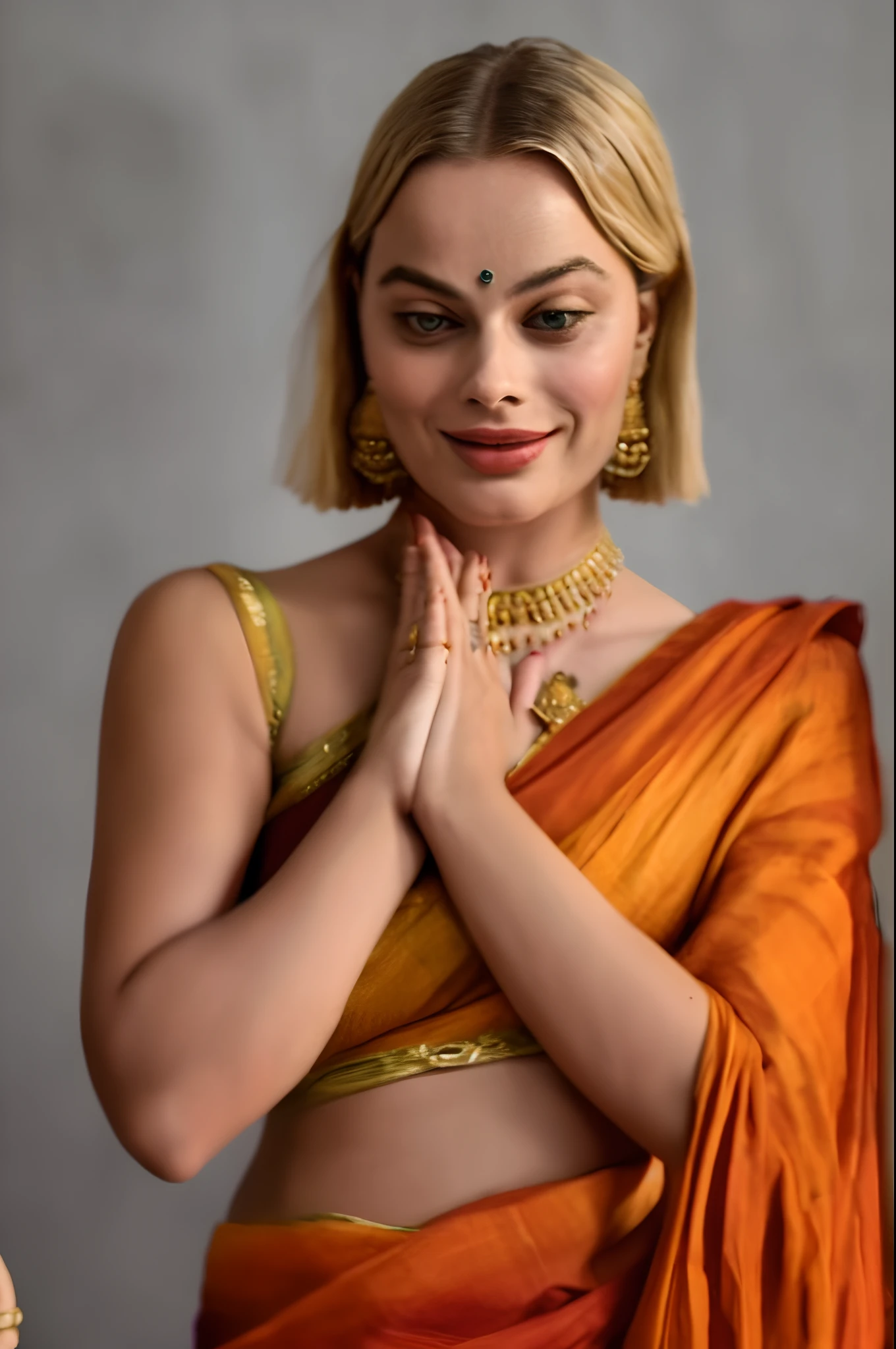 margot robbie wearing saffron saree and greeting with folded hands namaste, wear earrings, bindi, wear bangles