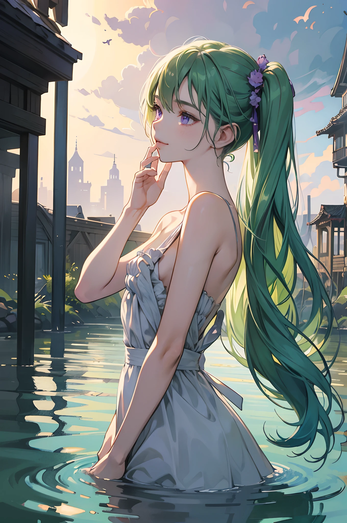 (best quality:1.3),(masterpiece:1.3),(illustration:1.3),(ultra-detailed:1.3),(imid shot:0.9),, , , 1 naked girl,solo,very young,upper body,short neck,small breasts,, , from side,from below,close-up,, , , purple eyes,jewel-like eyes,extremely detailed eyes,extremely detailed face,(seductive smile:0.8),(open mouth:0.3),, , , filthy stream, murky water, garbage floating, rotting stench, haunting melody, scattered syringes, polluted mystery, abandoned tranquility, forgotten path, pebbled riverbed , twintails, maid,green hair, --auto