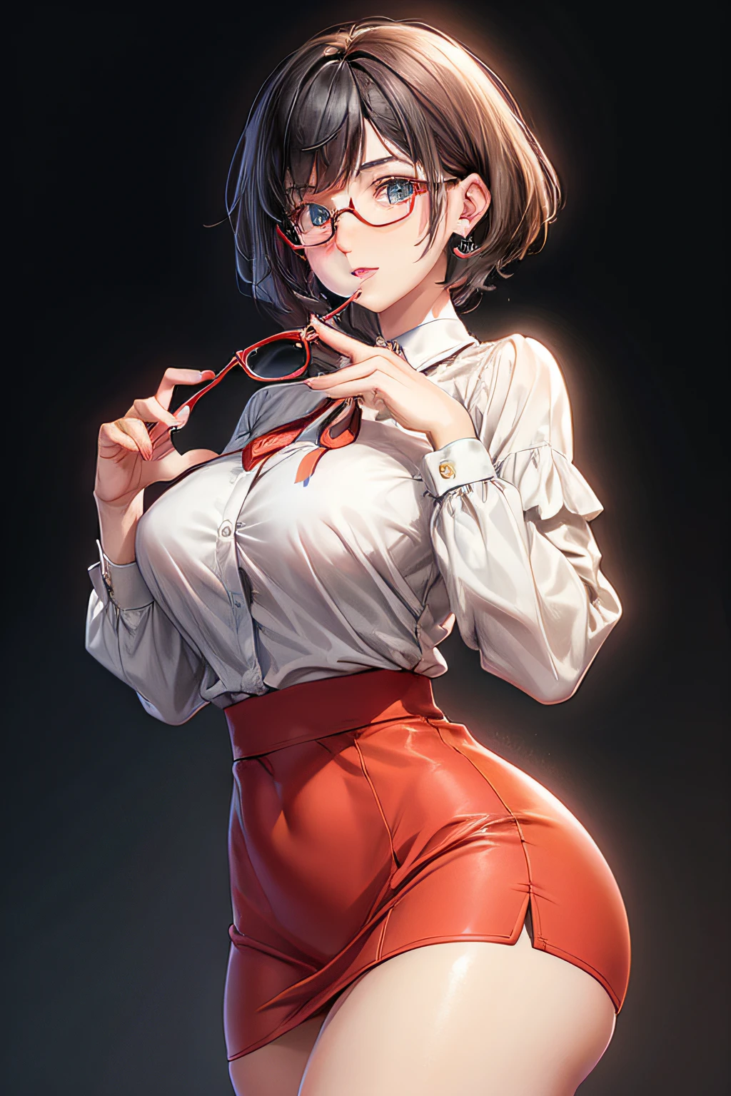 in the art style of persona5, (masterpiece:1.2, highest quality), (Realistic, photoRealistic:1.4), Beautiful illustrations, (Natural Side Lighting, Cinema Lighting), Written boundary depth, Beautiful thighs staring at the viewer, 1 female, 30-year-old, alone, thin, slender, (huge breasts), short Hair, straight Hair, Forehead, Forehead, Forehead, Forehead, thin, slender, glasses, (((She don't wears, topless))), Skinny black pants, Are standing, (((glasses)))