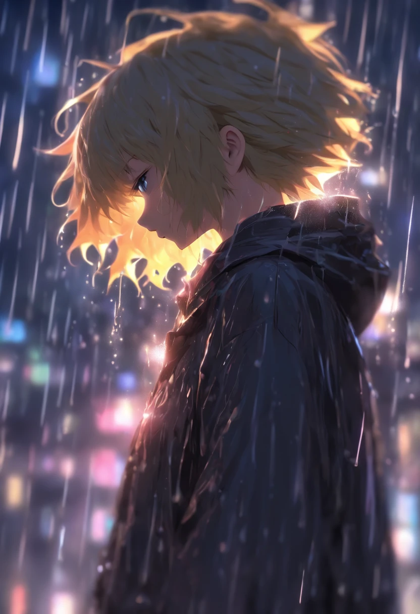 Sad girl,cry,darkness,Rain sky,。.。.。.。.。.。.。.。.。.。.。.。.3D,Upscale,hard disk,Blonde short,is crying,with his back turned
