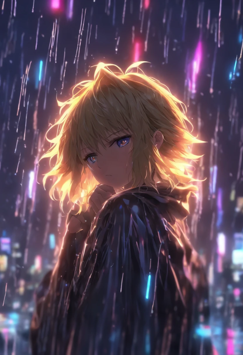 Sad girl,cry,darkness,Rain sky,。.。.。.。.。.。.。.。.。.。.。.。.3D,Upscale,hard disk,Blonde short,is crying,with his back turned